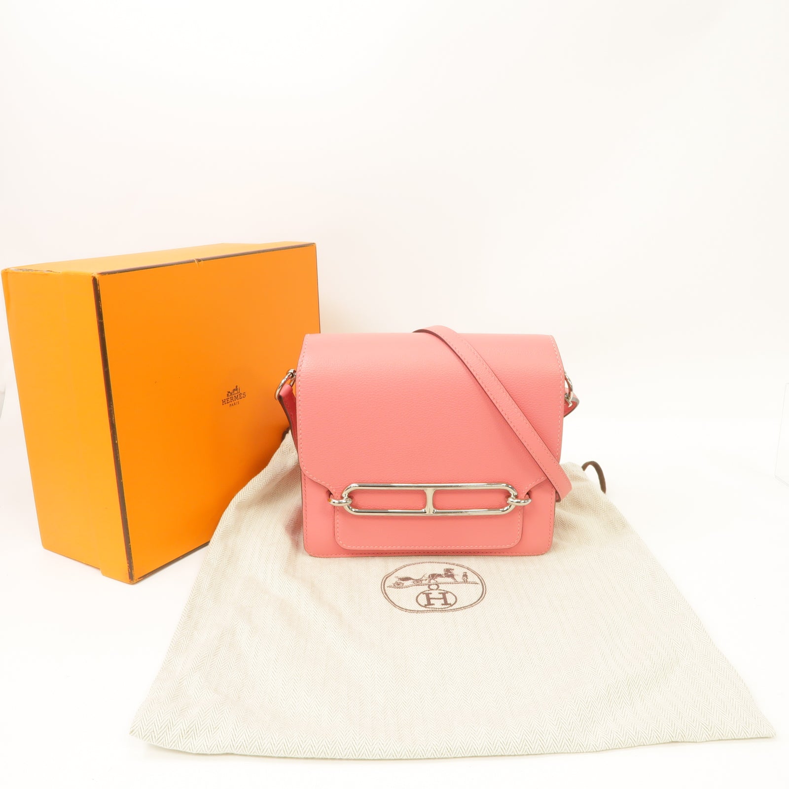 HERMES Evercolor皮革Mini Roulis銀扣肩背袋Rose Azalee/粉紅色