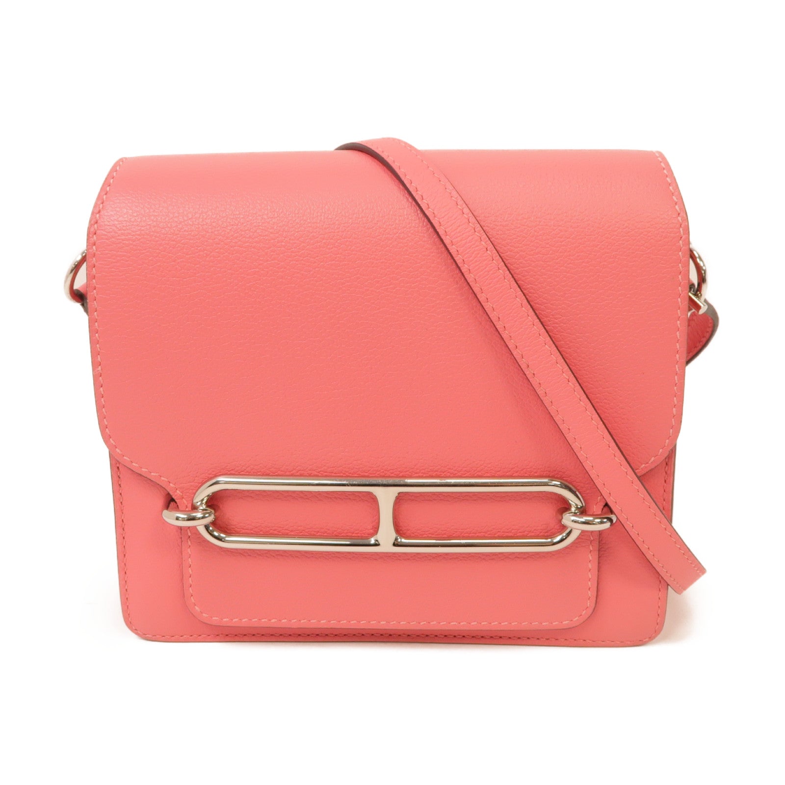 HERMES Evercolor皮革Mini Roulis銀扣肩背袋Rose Azalee/粉紅色