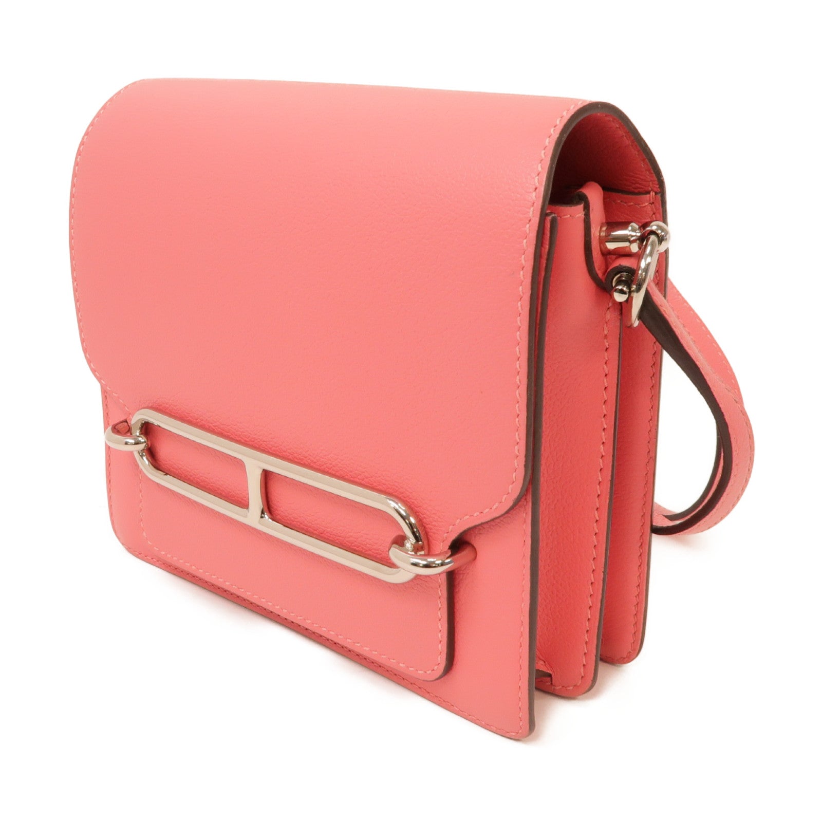 HERMES Evercolor皮革Mini Roulis銀扣肩背袋Rose Azalee/粉紅色