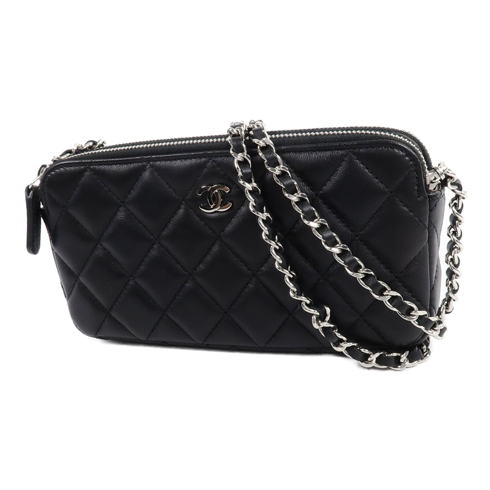 CHANEL 羊皮皮革Classic Double Zip Cluth鏈帶肩背袋