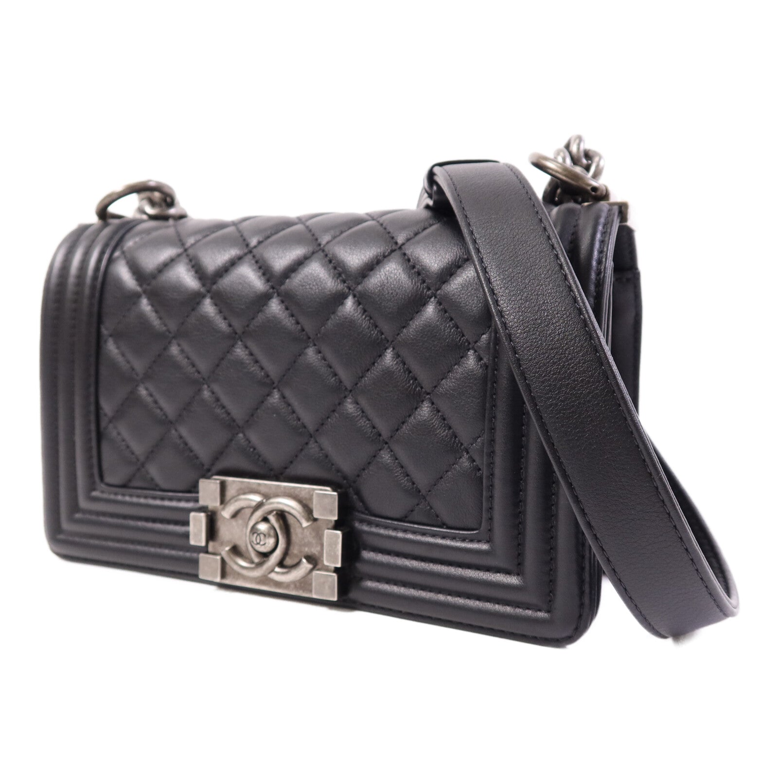 CHANEL 牛皮皮革Boy 20銀扣鏈帶肩背袋