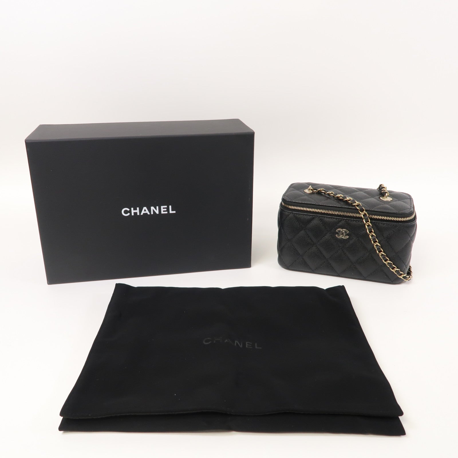CHANEL 【激減優惠】菱格Caviar皮革 Small Vanity Case金扣鏈帶肩背袋黑色