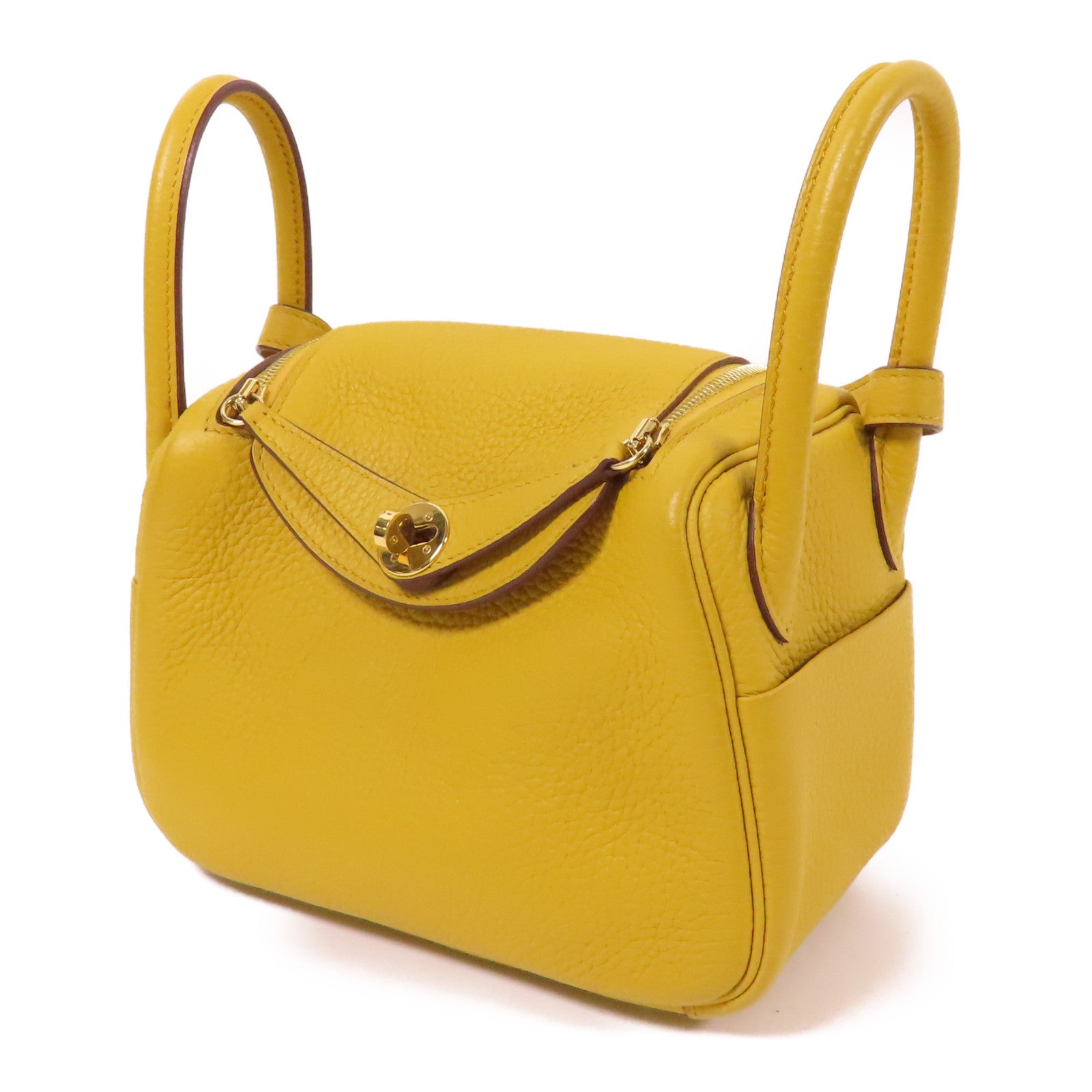 HERMES Clemence皮革Mini Lindy金扣手挽肩背兩用袋Jaune Amber