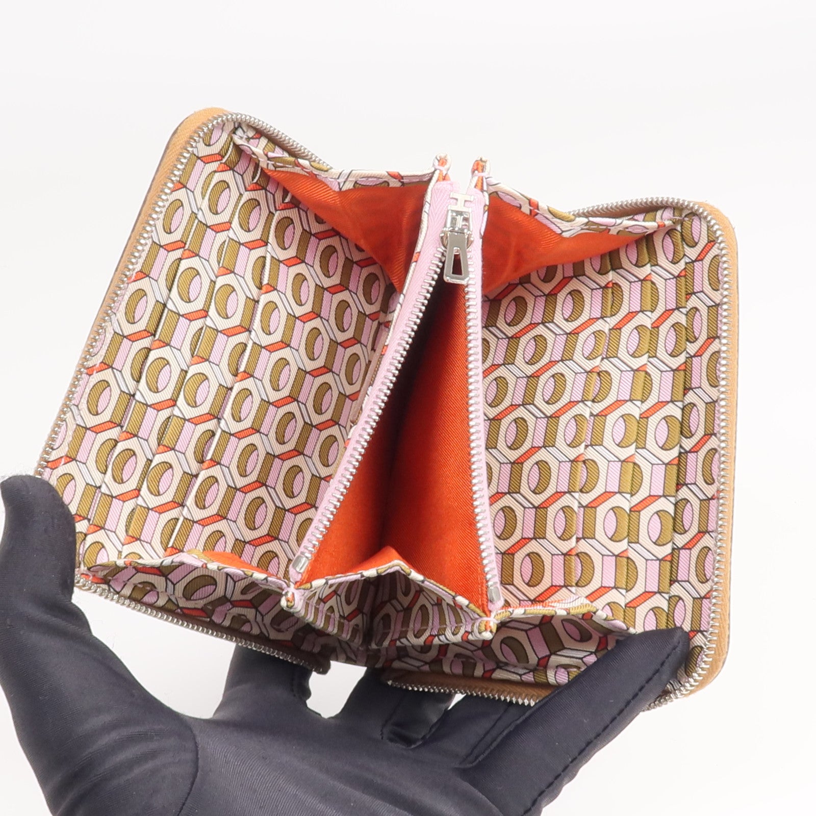 HERMES Epsom皮革Silk In Compact銀扣拉鏈錢包Gold
