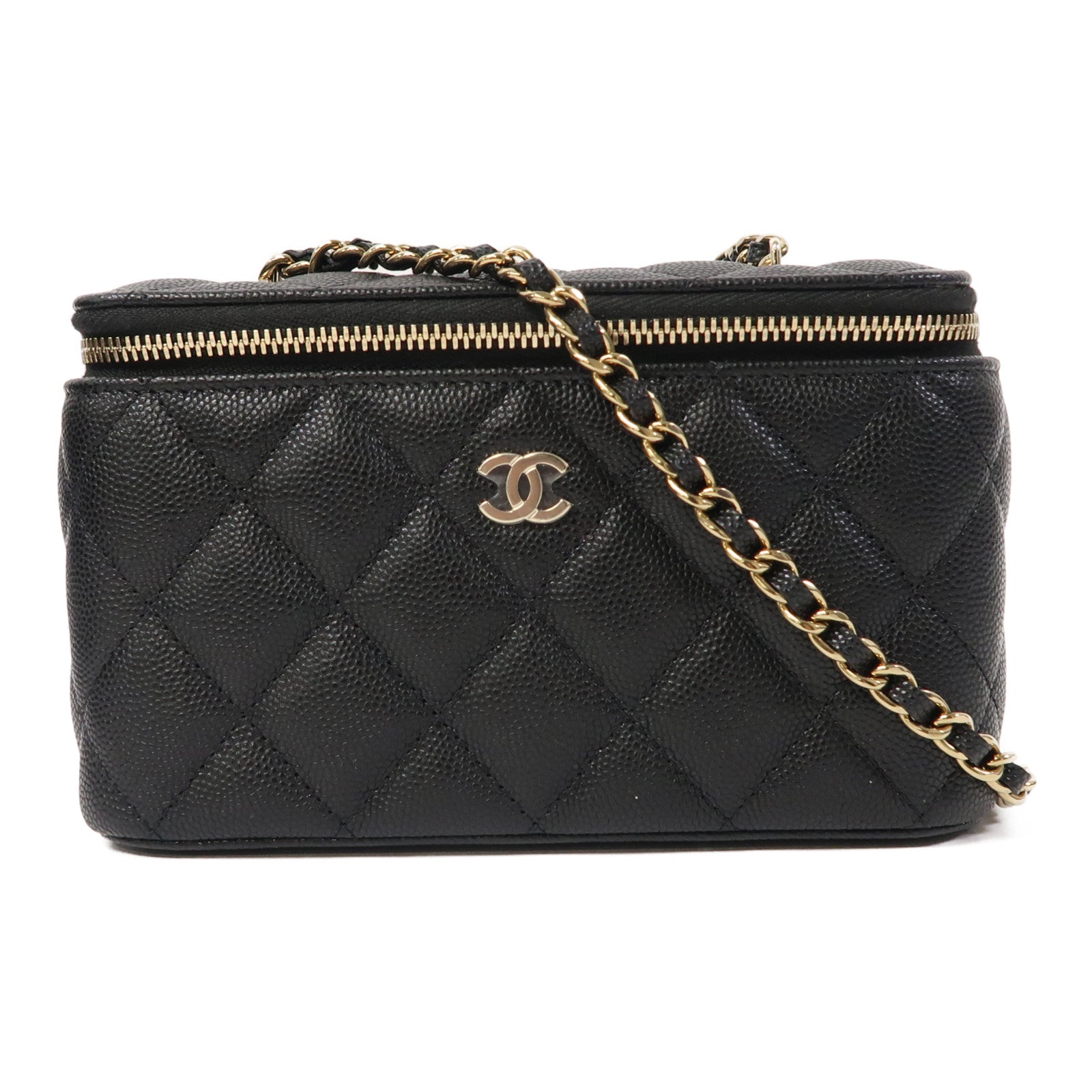 CHANEL 【激減優惠】菱格Caviar皮革 Small Vanity Case金扣鏈帶肩背袋黑色