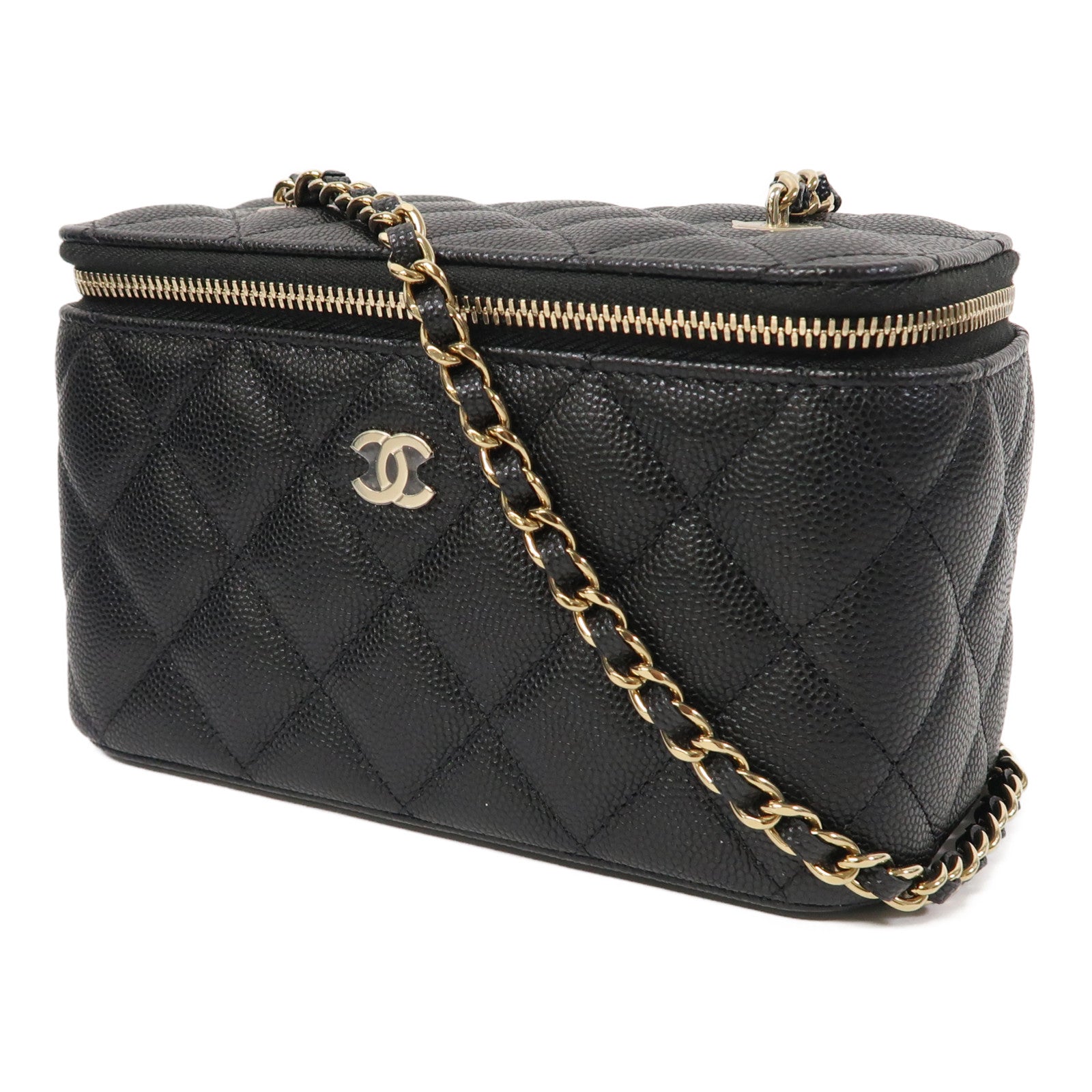 CHANEL 【激減優惠】菱格Caviar皮革 Small Vanity Case金扣鏈帶肩背袋黑色
