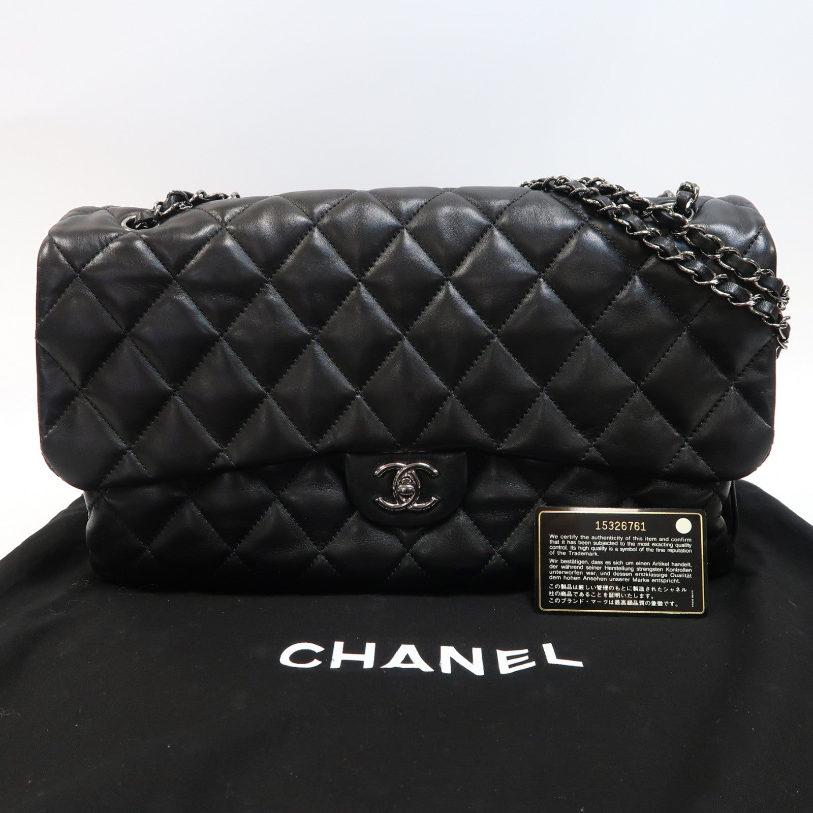 CHANEL 菱格羊皮皮革Chain Shoulder銀扣肩背袋黑色