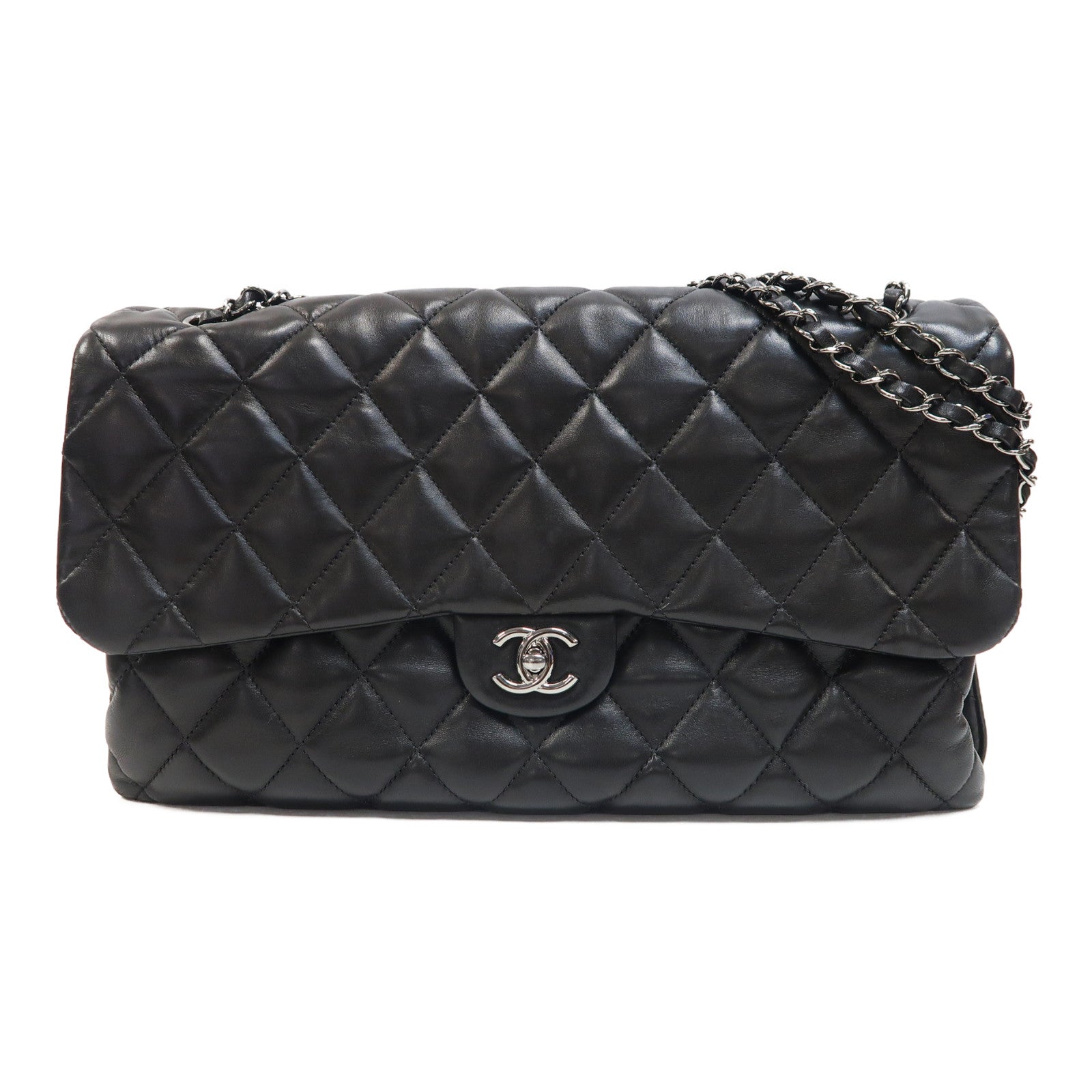 CHANEL 菱格羊皮皮革Chain Shoulder銀扣肩背袋黑色