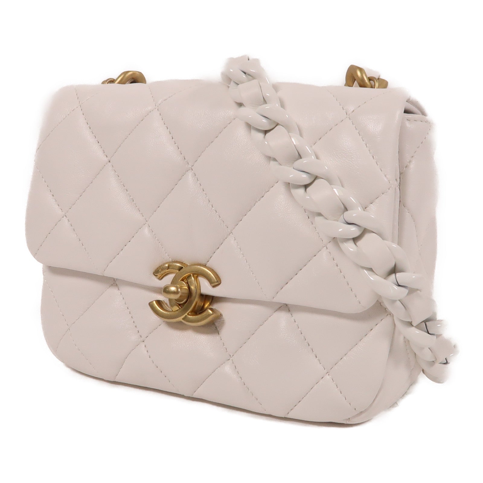 CHANEL 牛皮皮革Chain Shoulder鏈帶肩背袋白色