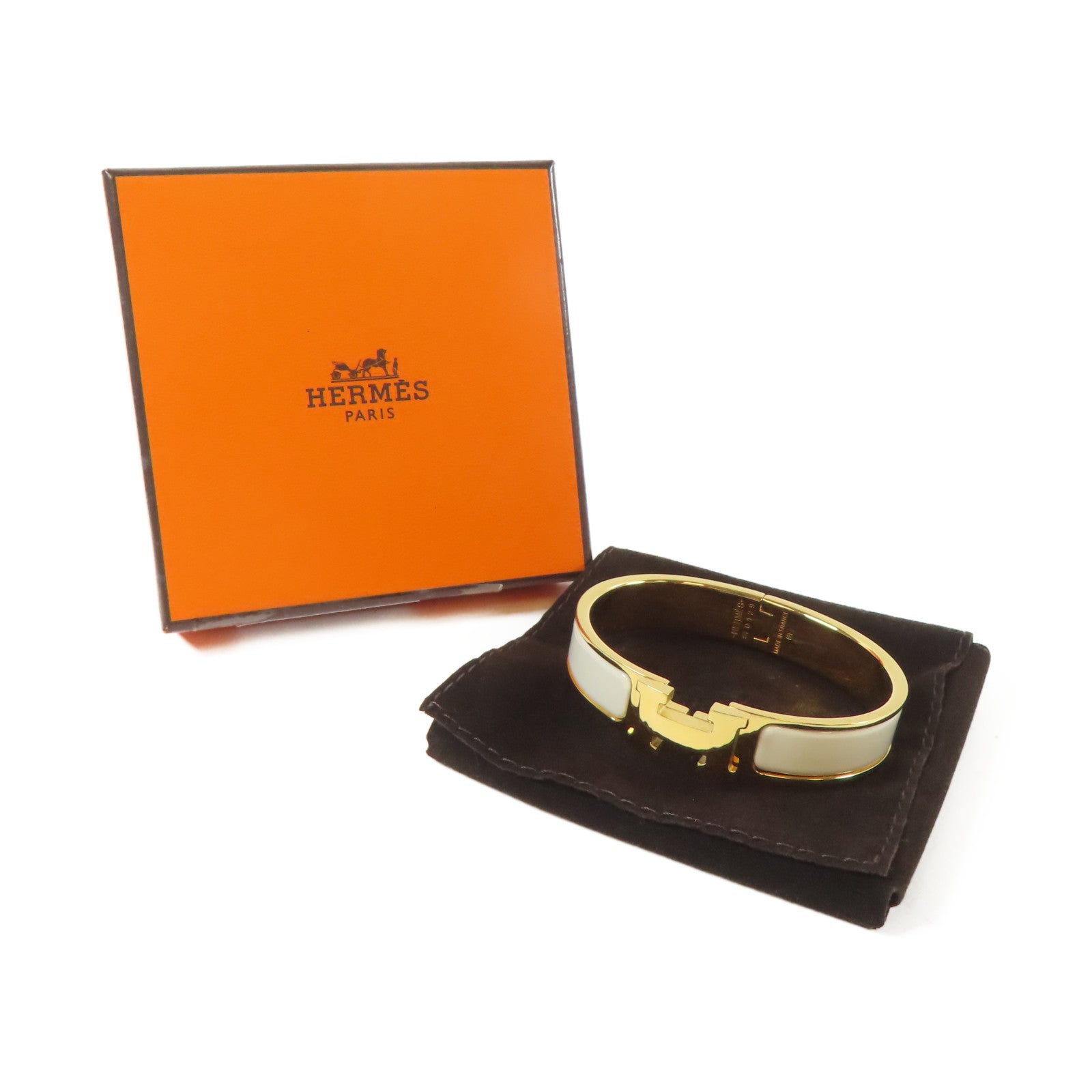 HERMES 金屬Clic H Bracelet手鐲白色/金色#16cm