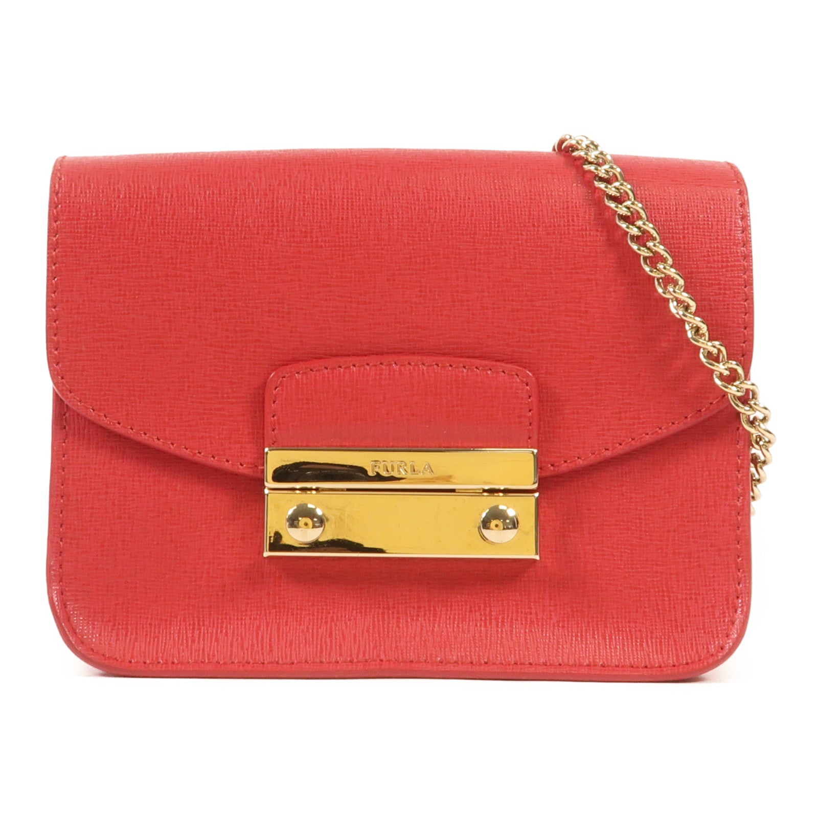 Furla 牛皮皮革Chain Shoulder金扣鏈帶肩背袋