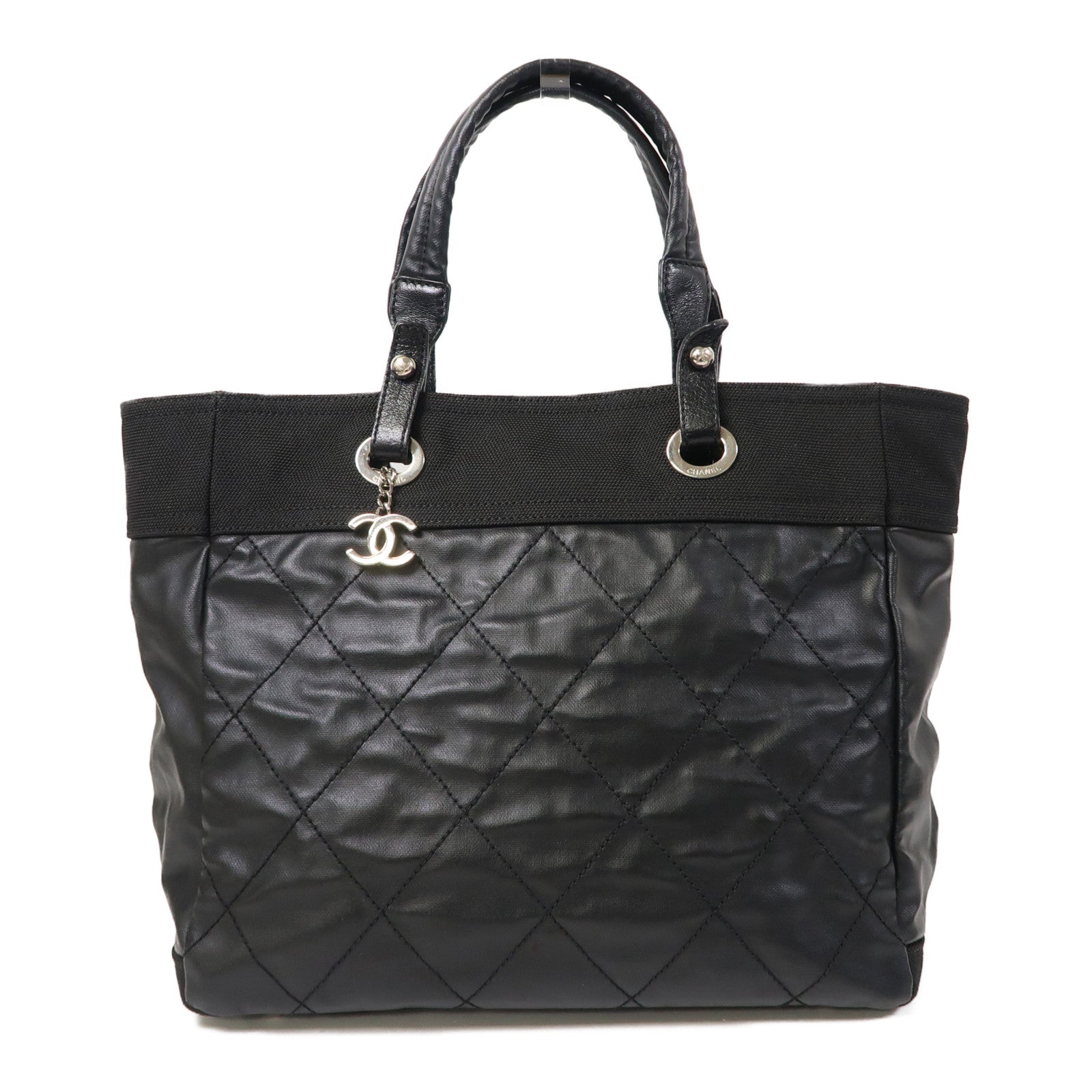 CHANEL 塗層帆布Tote Bag銀扣手挽袋黑色