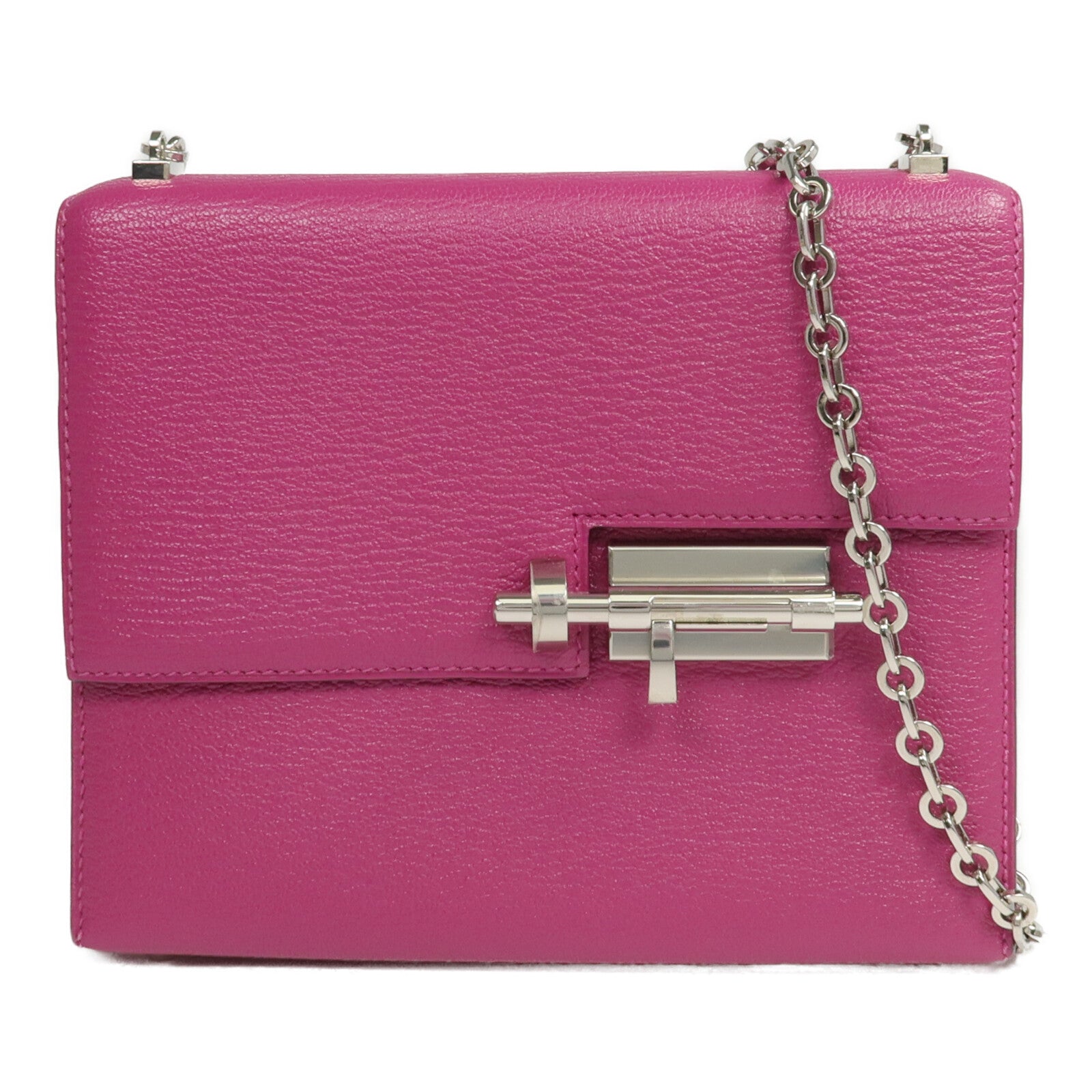 HERMES Chevre皮革Verrou Mini銀扣鏈帶肩背袋Rose Pourpre