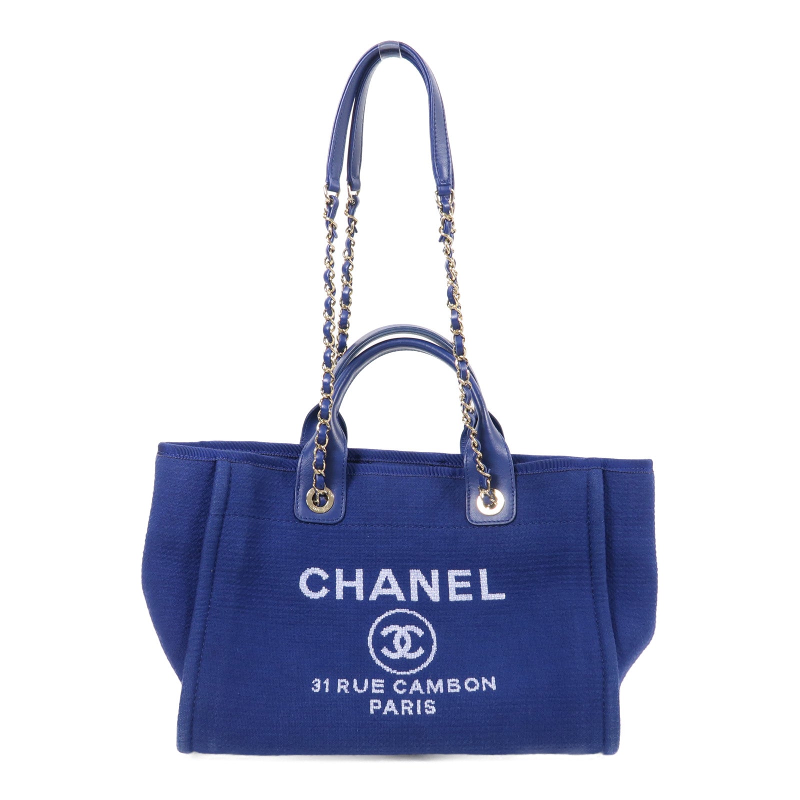 CHANEL 帆布Deauville Tote Bag金扣鏈帶手挽肩背兩用袋