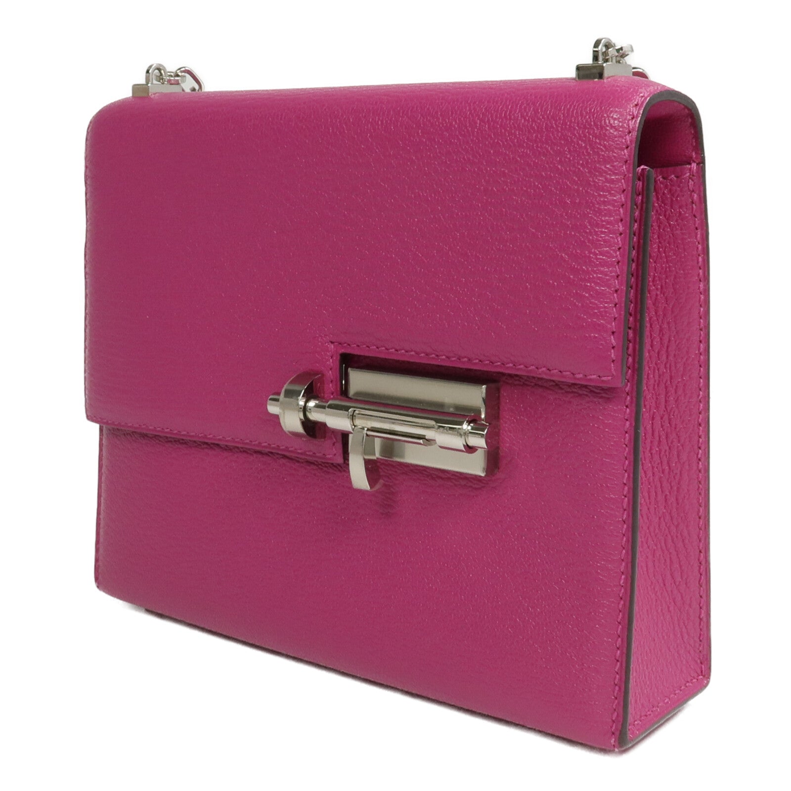 HERMES Chevre皮革Verrou Mini銀扣鏈帶肩背袋Rose Pourpre