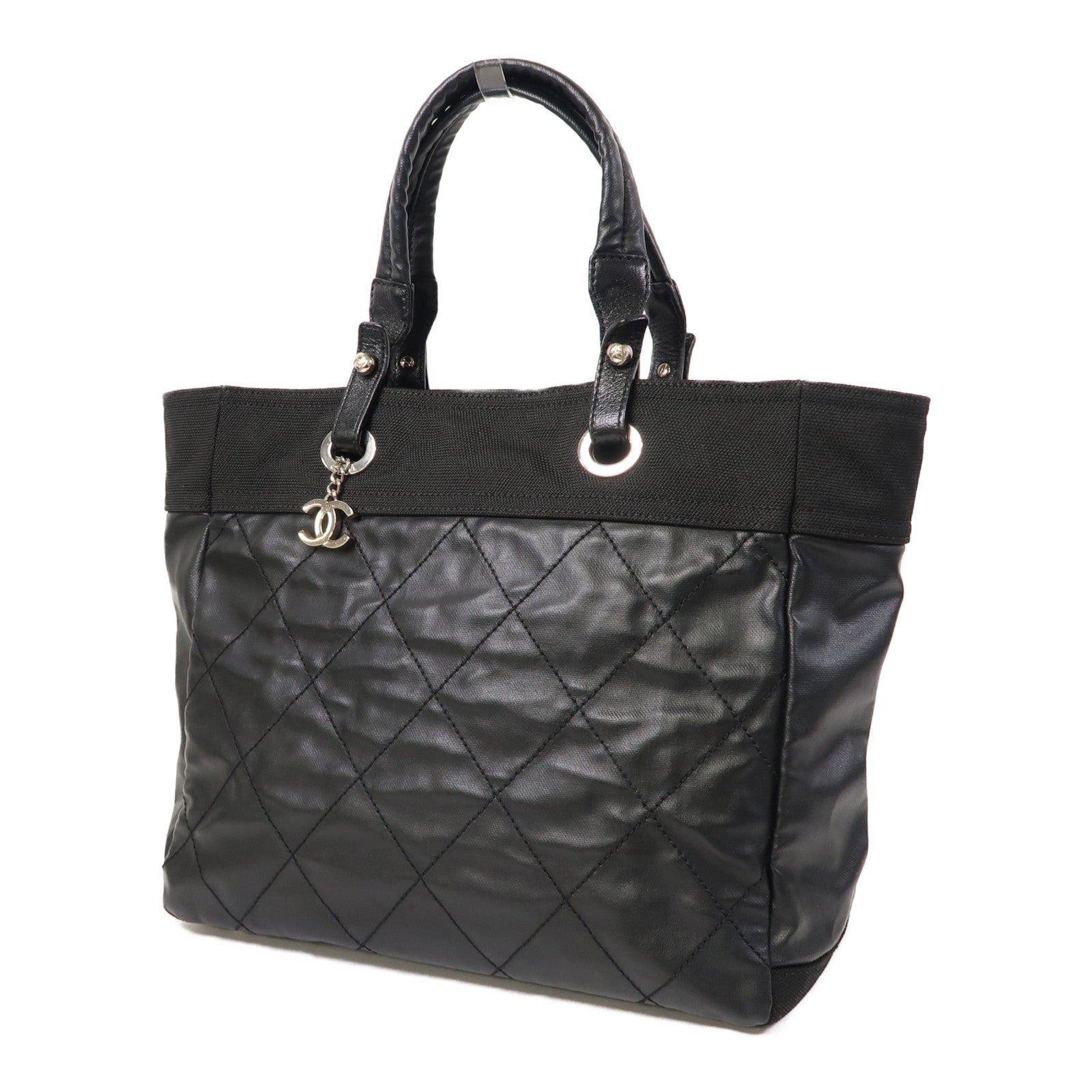 CHANEL 塗層帆布Tote Bag銀扣手挽袋黑色