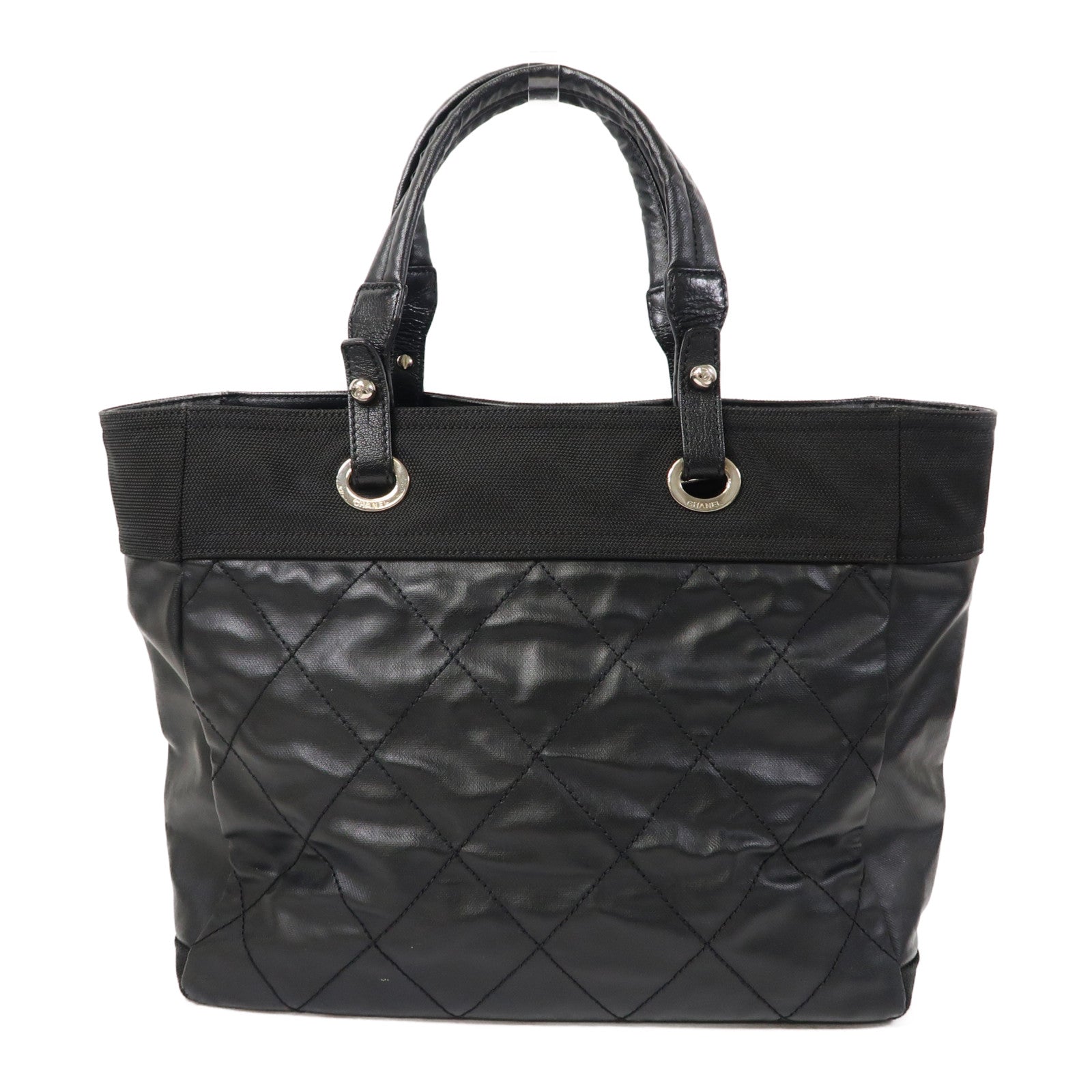 CHANEL 塗層帆布Tote Bag銀扣手挽袋黑色