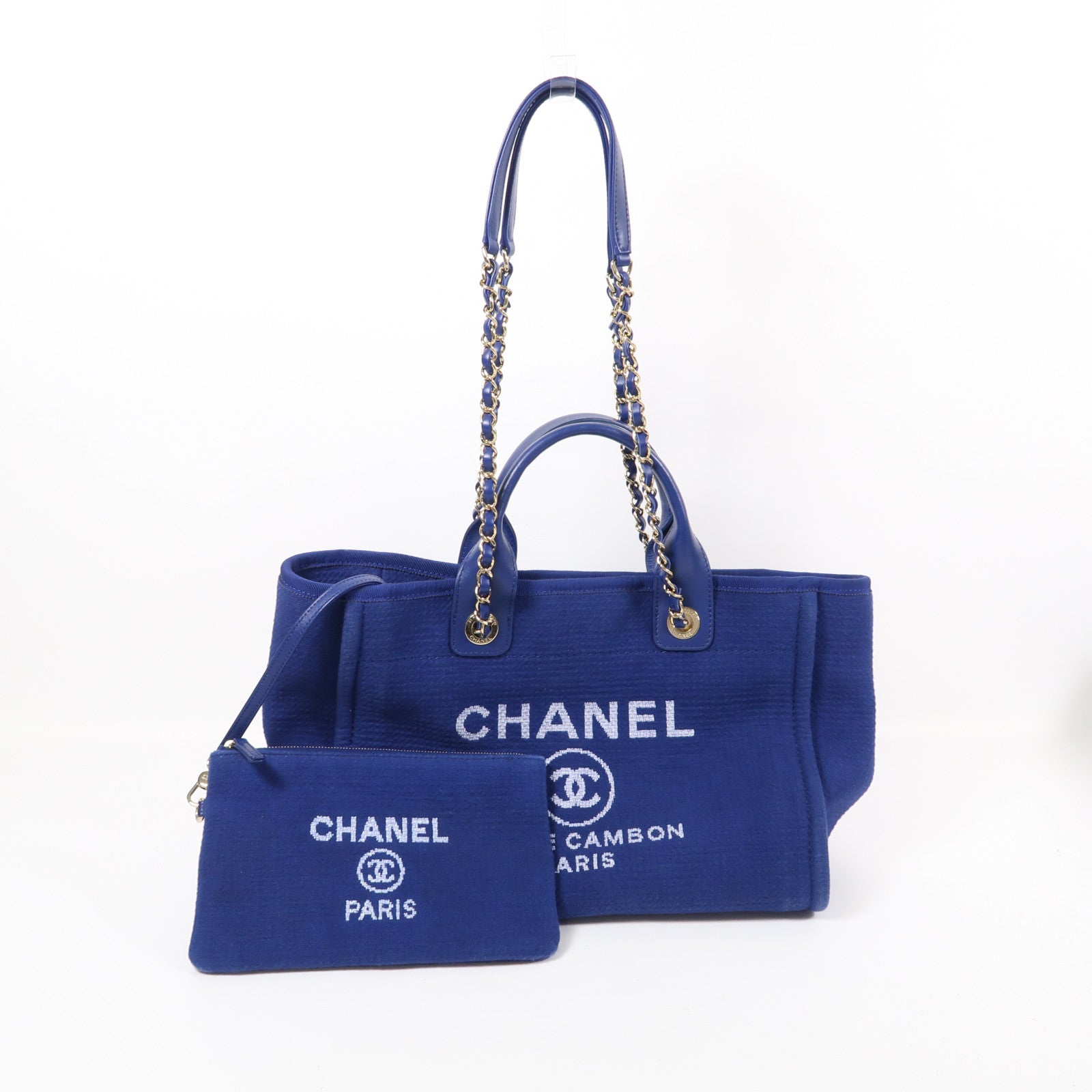 CHANEL 帆布Deauville Tote Bag金扣鏈帶手挽肩背兩用袋