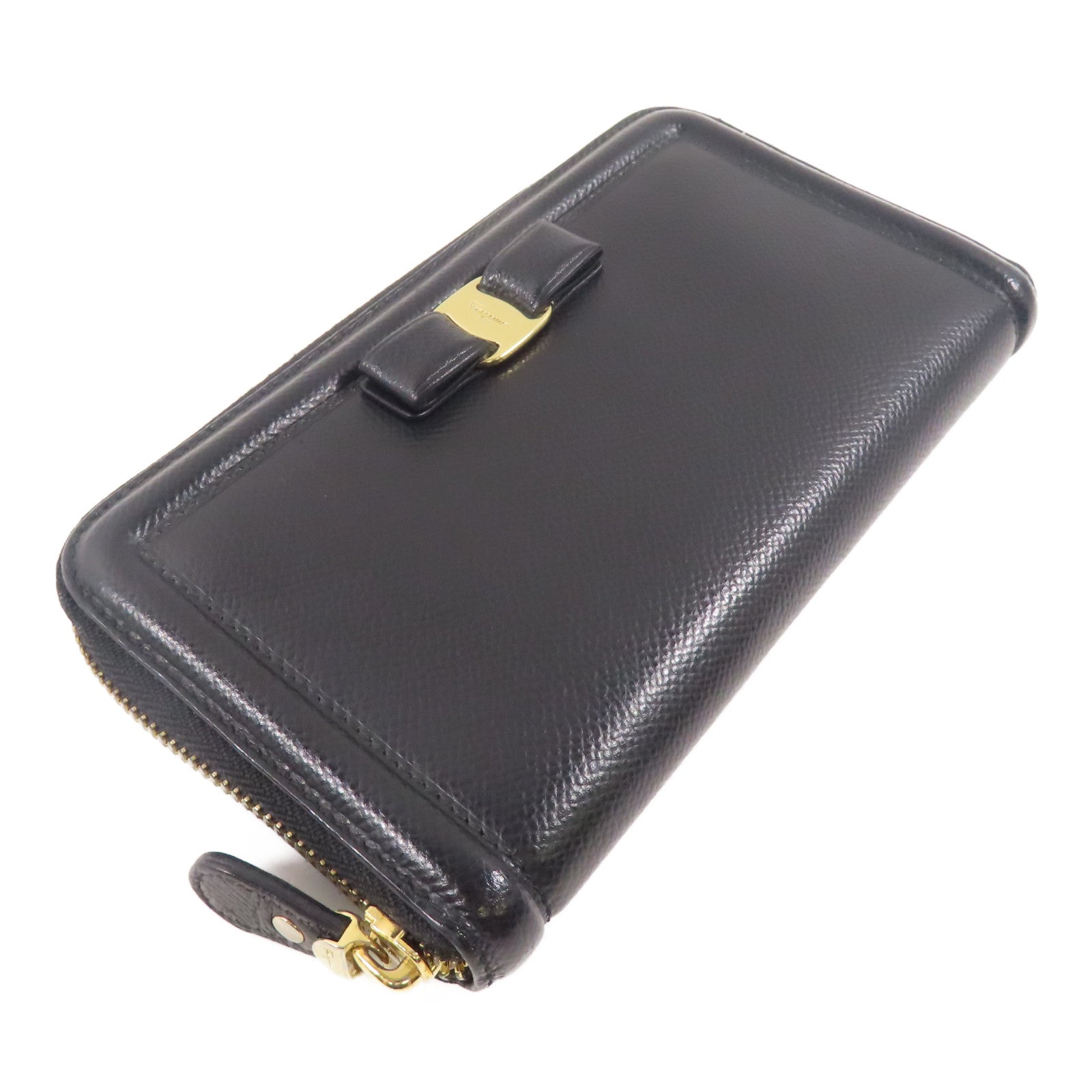 Salvatore Ferragamo 牛皮皮革Zipper Long Wallet金扣長錢包黑色