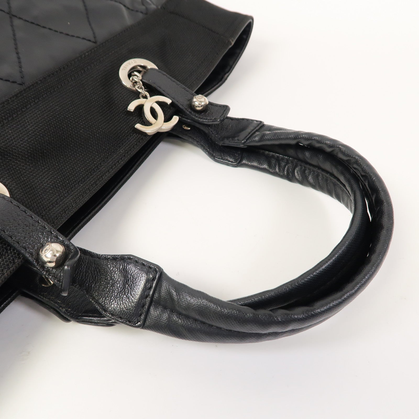 CHANEL 塗層帆布Tote Bag銀扣手挽袋黑色