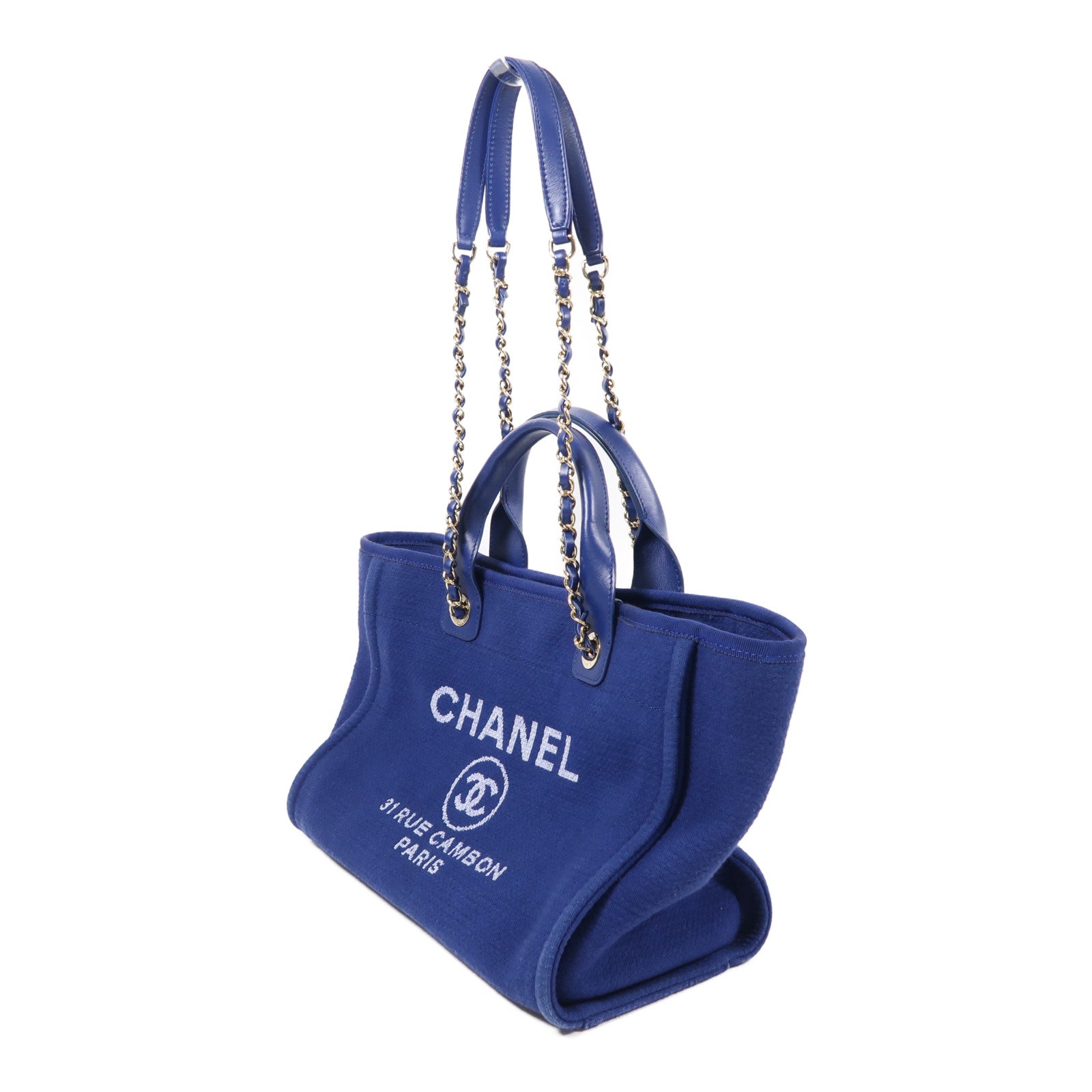CHANEL 帆布Deauville Tote Bag金扣鏈帶手挽肩背兩用袋