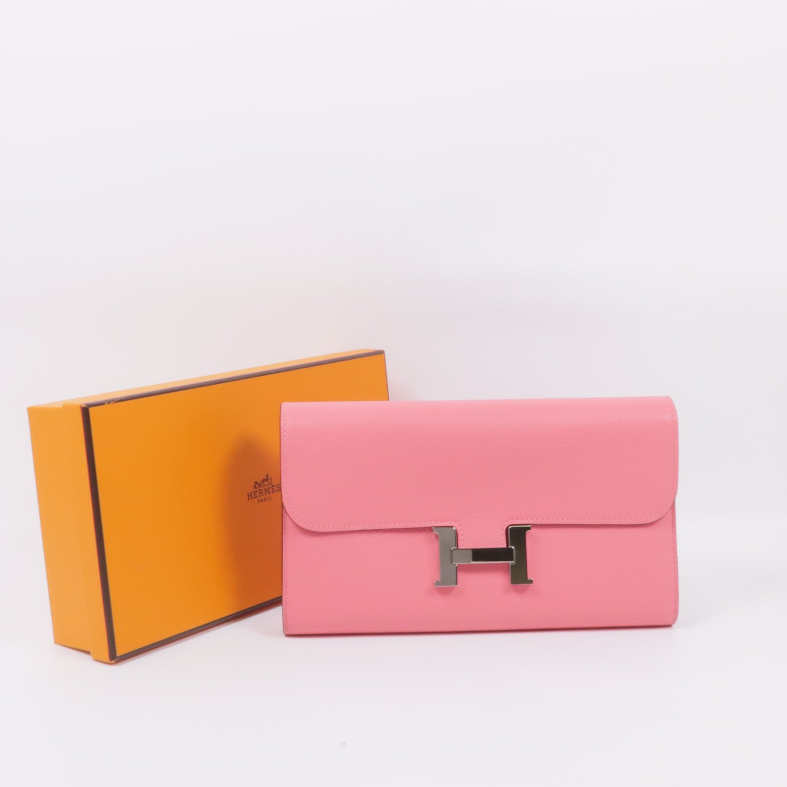 HERMES Evercolor皮革Constance Long Wallet銀扣長錢包8W Rose Azalee