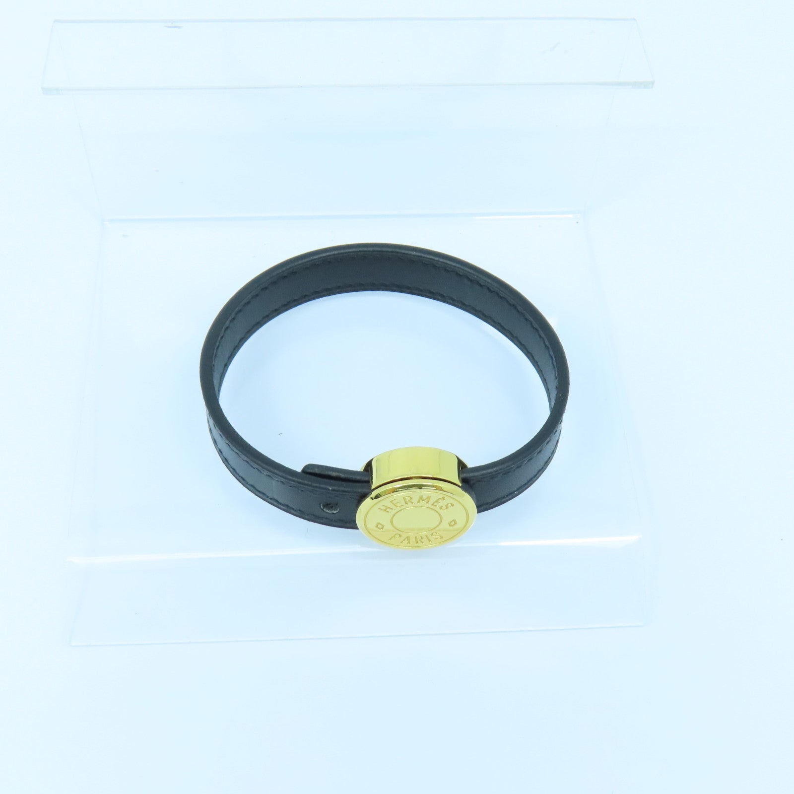 HERMES 牛皮皮革Looping Bracelet金扣手鐲黑色/橙色