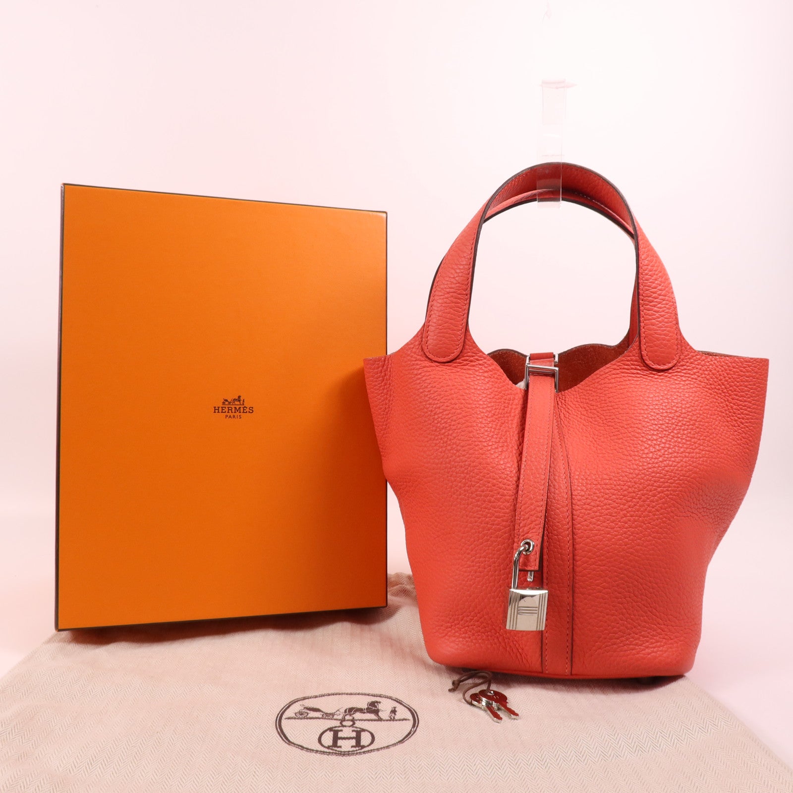 HERMES Clemence皮革Picotin PM銀扣手挽袋Rose Texas