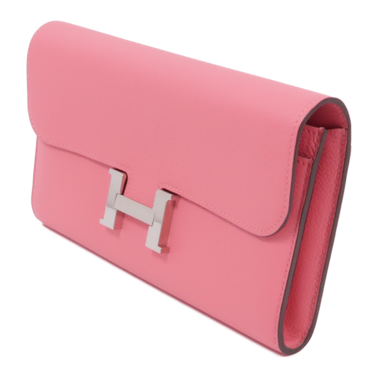 HERMES Evercolor皮革Constance Long Wallet銀扣長錢包8W Rose Azalee