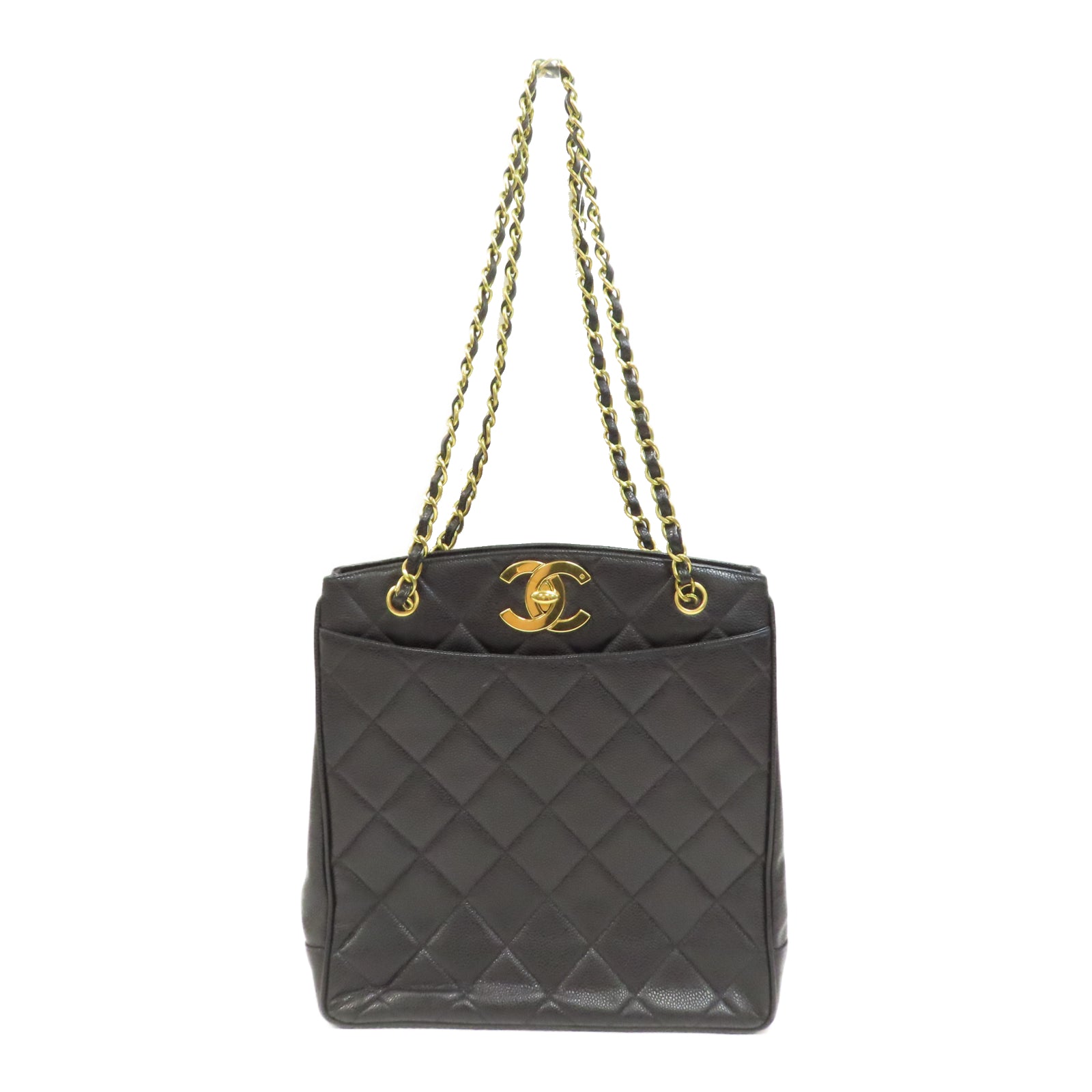 CHANEL 菱格Caviar皮革Vintage Bag金扣鏈帶肩背袋黑色