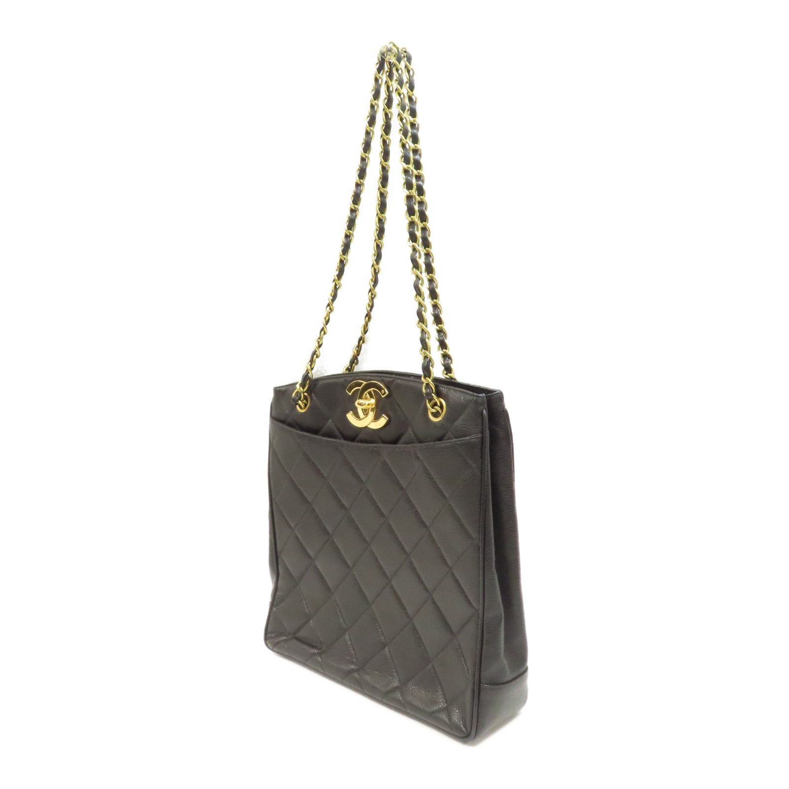 CHANEL 菱格Caviar皮革Vintage Bag金扣鏈帶肩背袋黑色