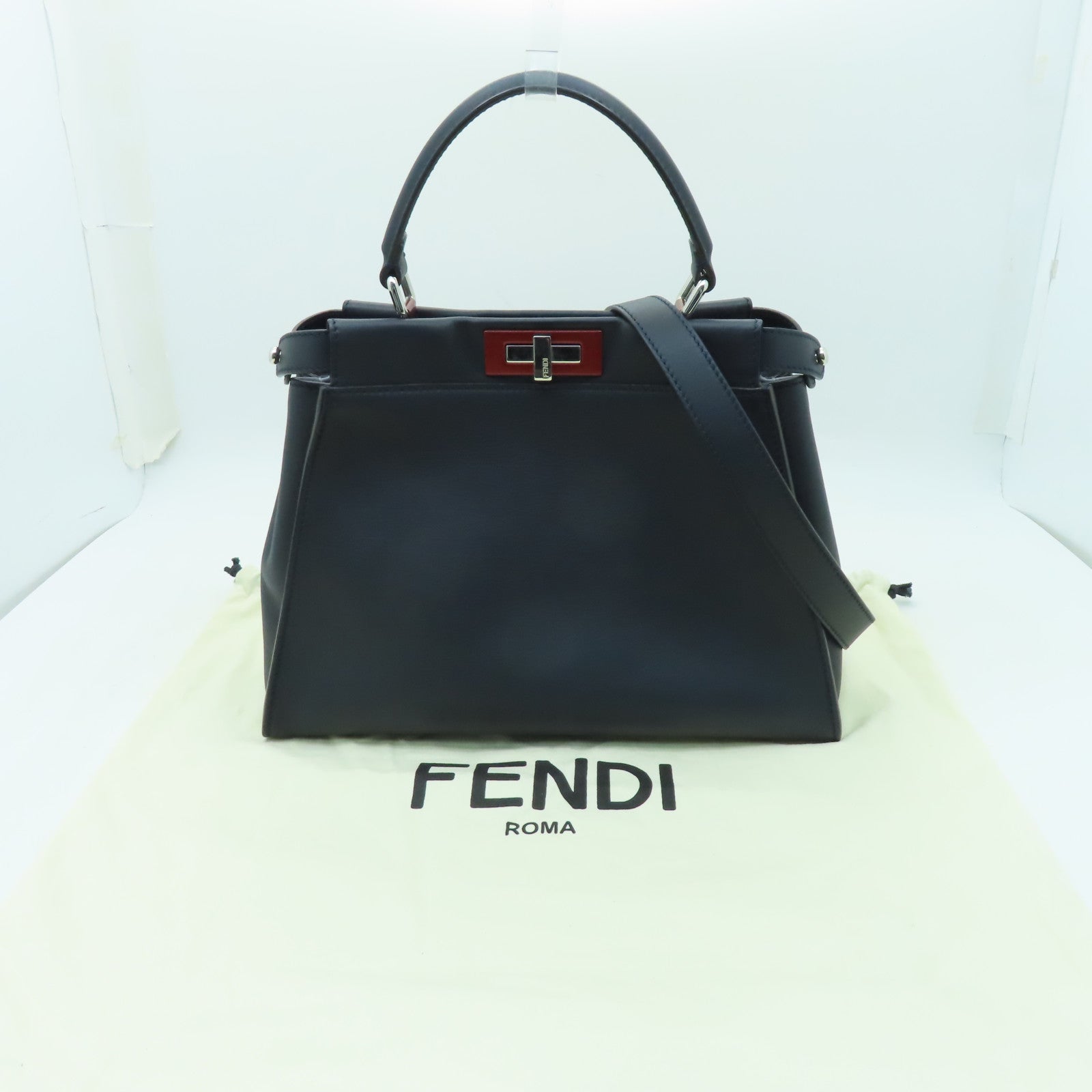 FENDI 【激減優惠】牛皮皮革Peekaboo Medium手挽肩背兩用袋深藍色