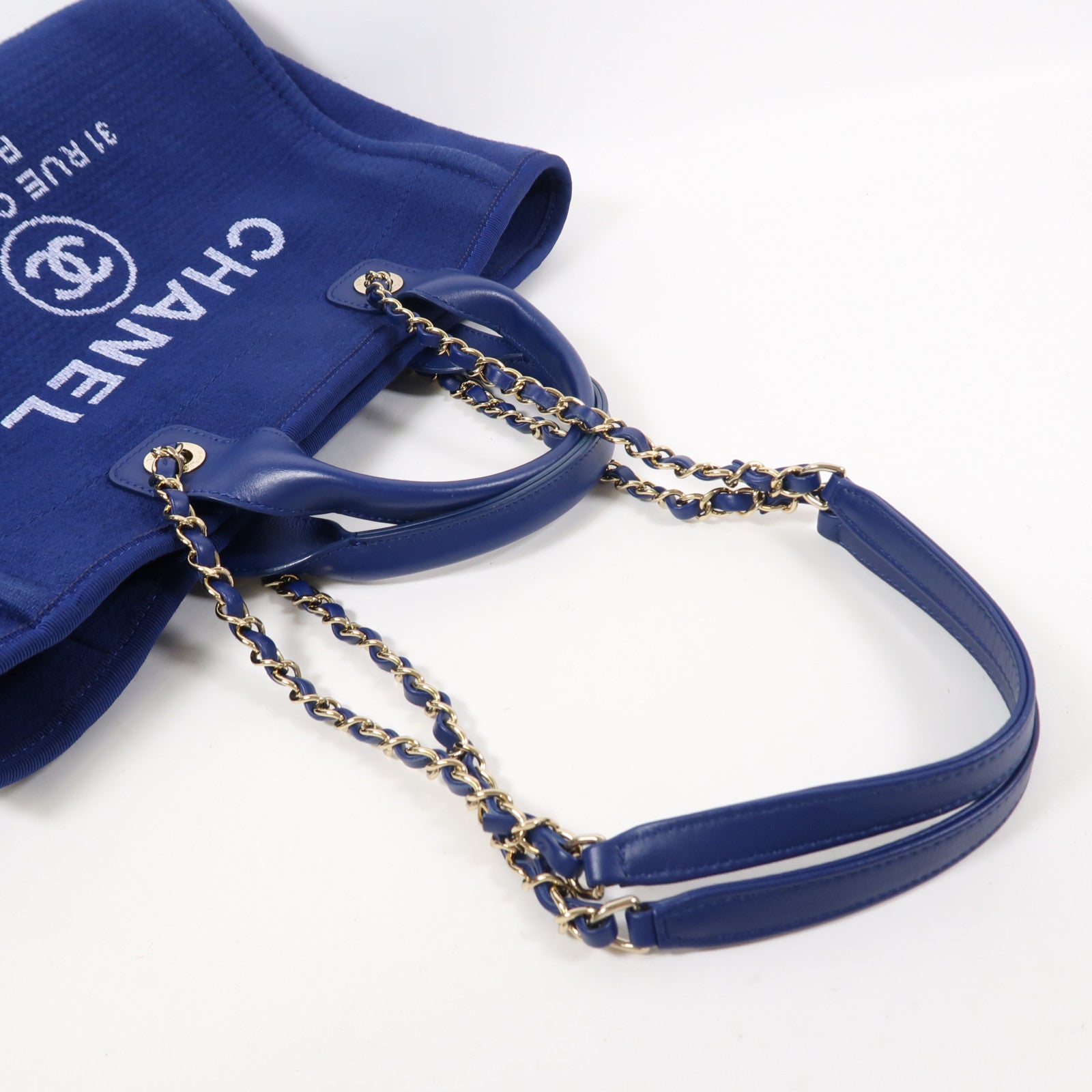 CHANEL 帆布Deauville Tote Bag金扣鏈帶手挽肩背兩用袋