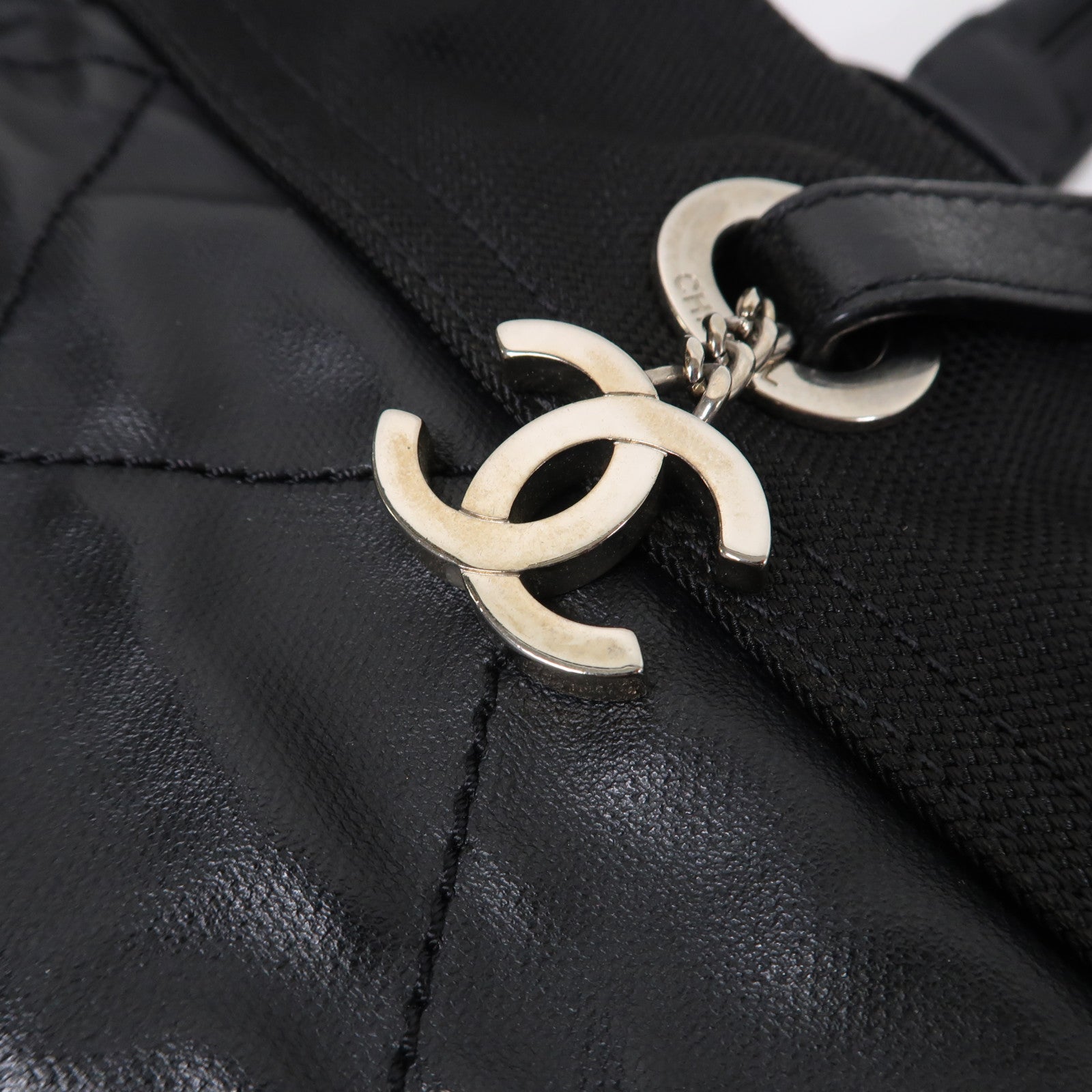 CHANEL 塗層帆布Tote Bag銀扣手挽袋黑色