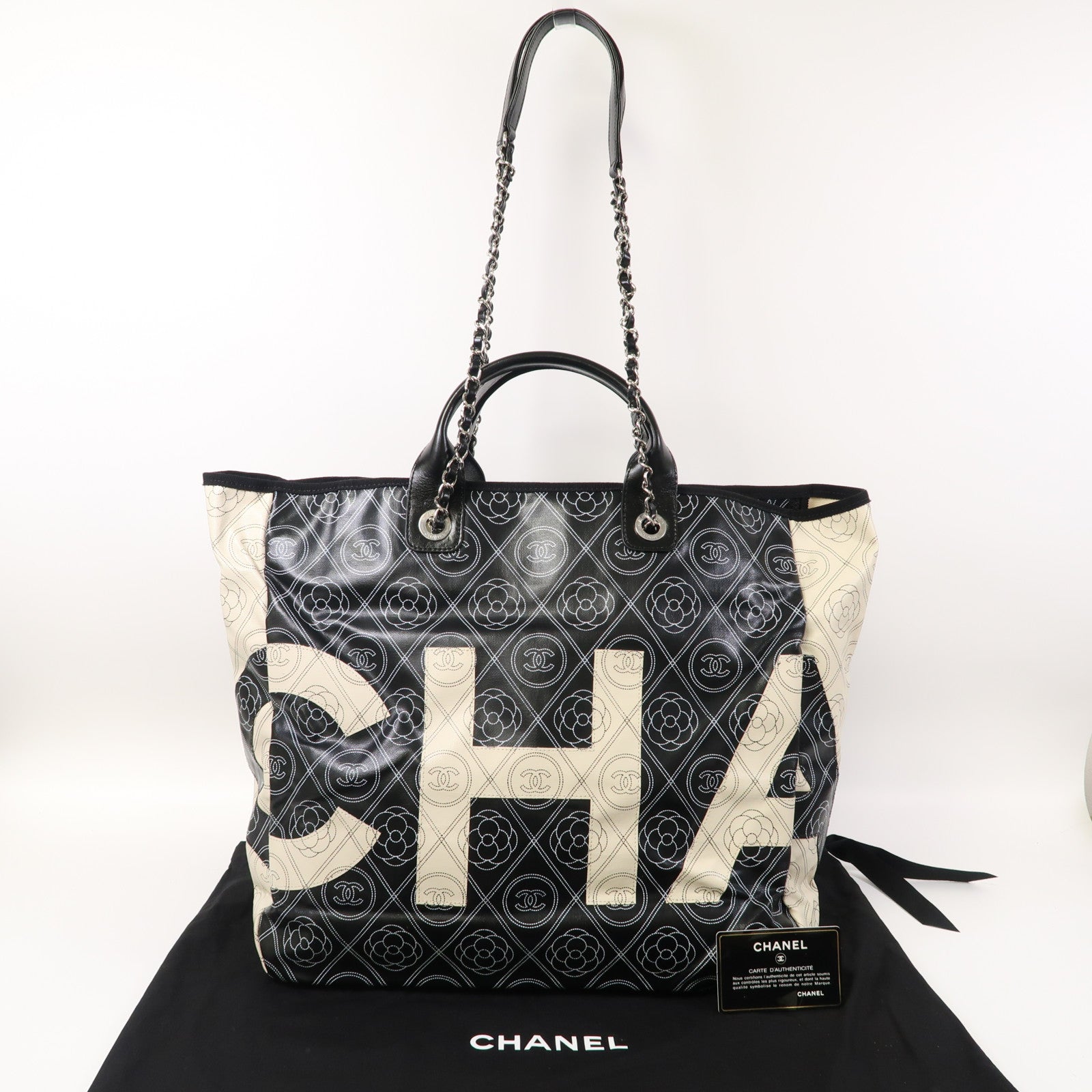 CHANEL 塗層帆布Tote Bag銀扣鏈帶手挽兩用肩背袋黑色/白色