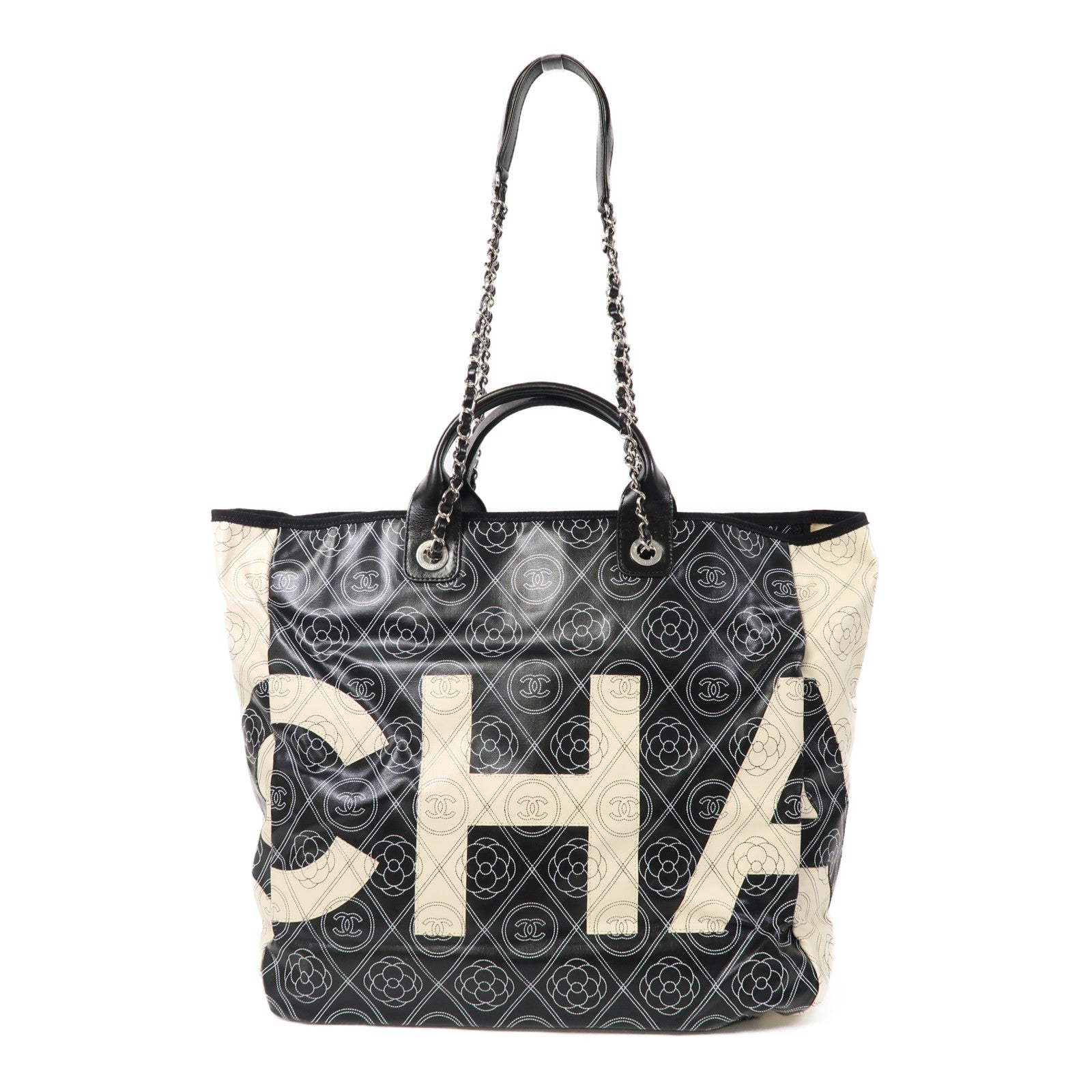 CHANEL 塗層帆布Tote Bag銀扣鏈帶手挽兩用肩背袋黑色/白色