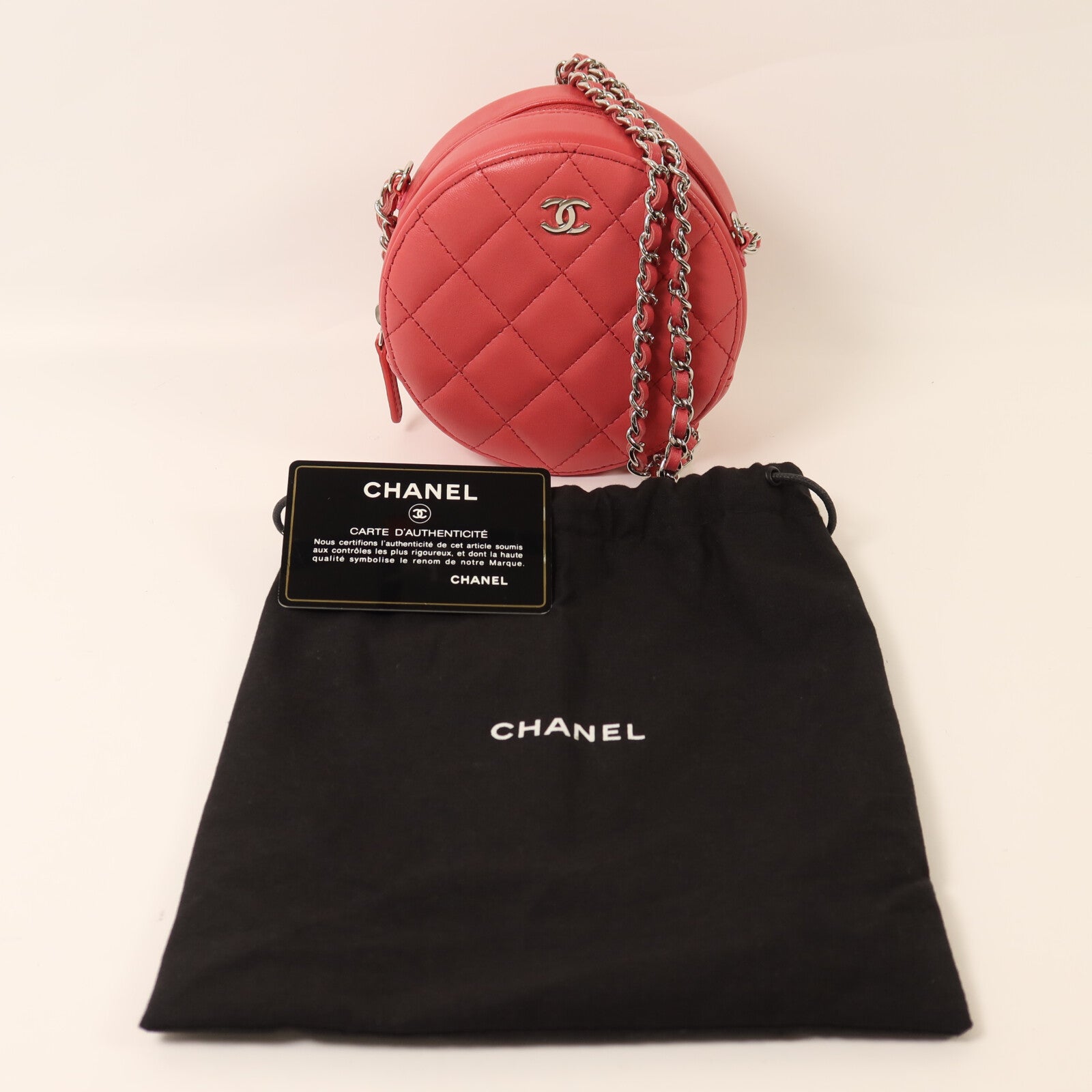 CHANEL 羊皮皮革Round Chain Shoulder Bag銀扣鏈帶肩背袋