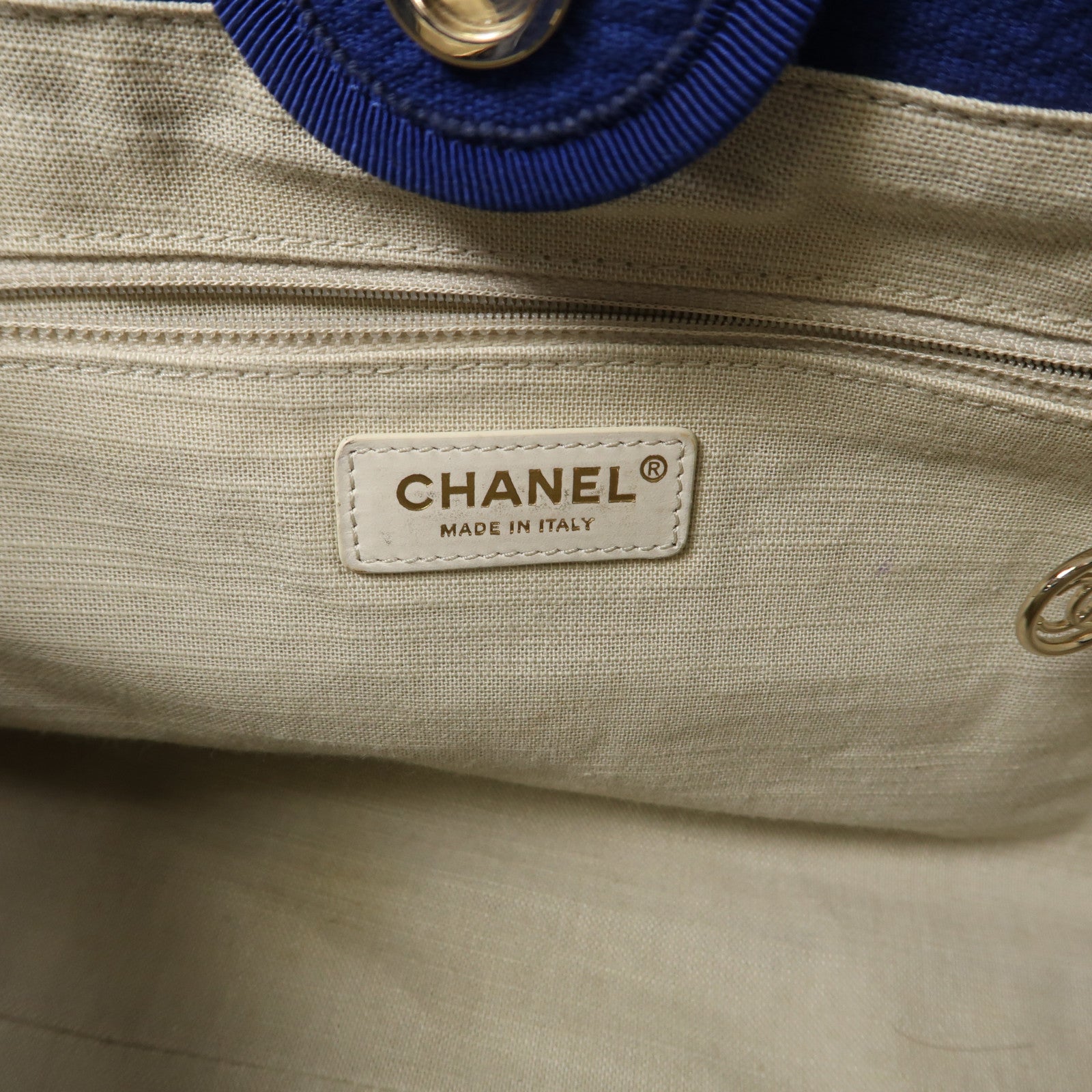 CHANEL 帆布Deauville Tote Bag金扣鏈帶手挽肩背兩用袋