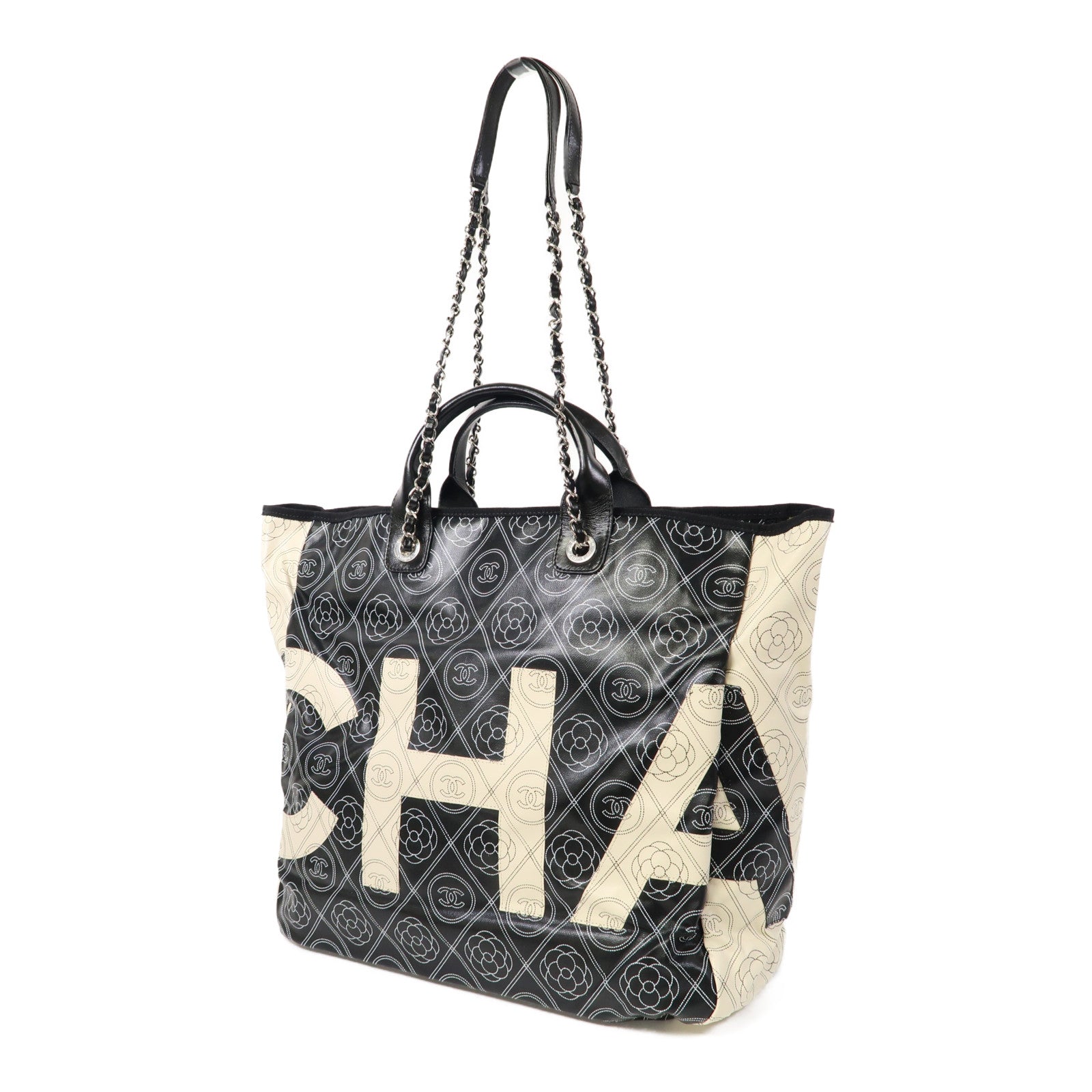 CHANEL 塗層帆布Tote Bag銀扣鏈帶手挽兩用肩背袋黑色/白色