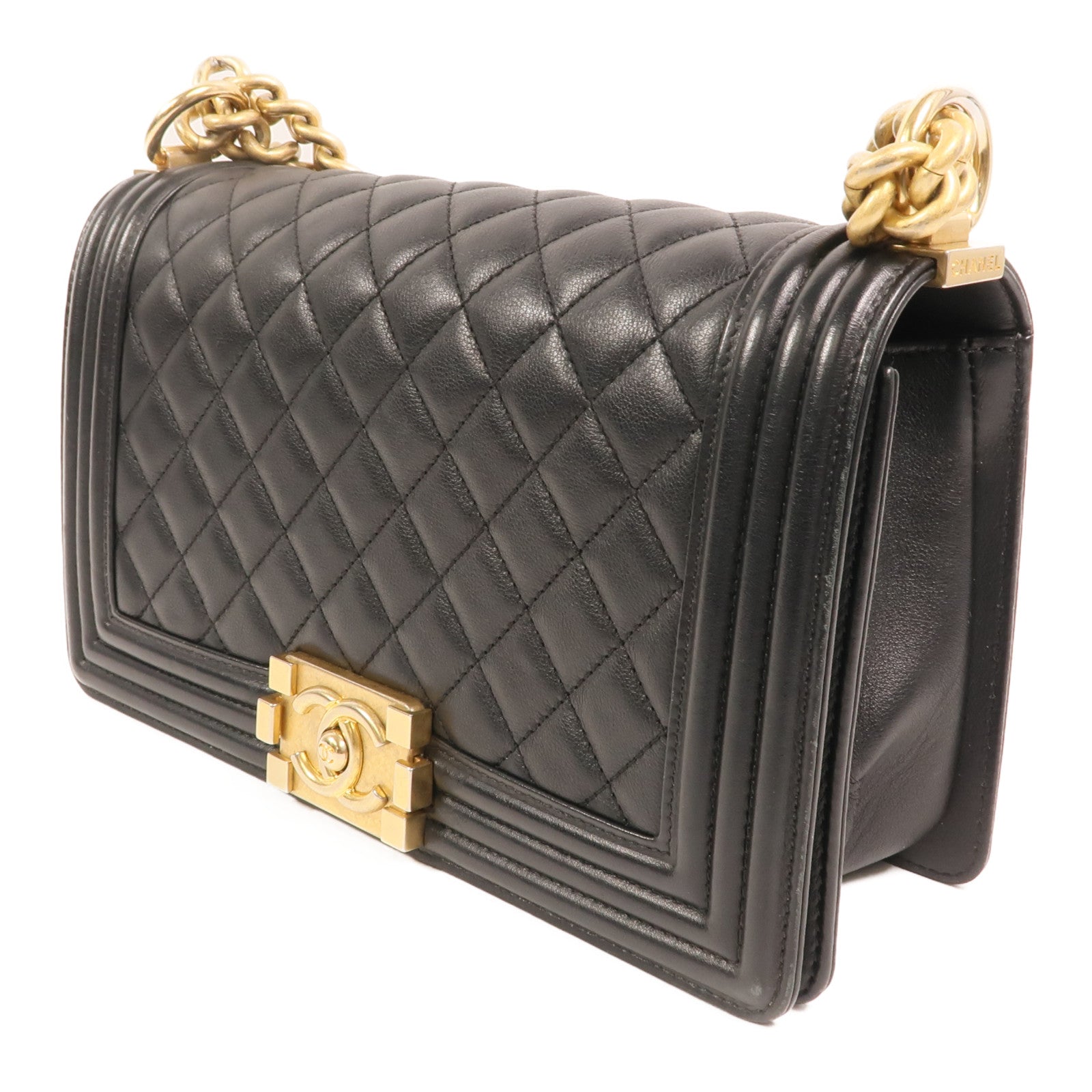 CHANEL 羊皮皮革Boy 25金扣鏈帶肩背袋