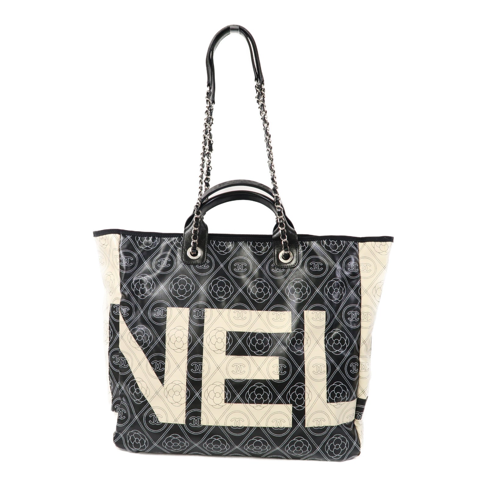CHANEL 塗層帆布Tote Bag銀扣鏈帶手挽兩用肩背袋黑色/白色