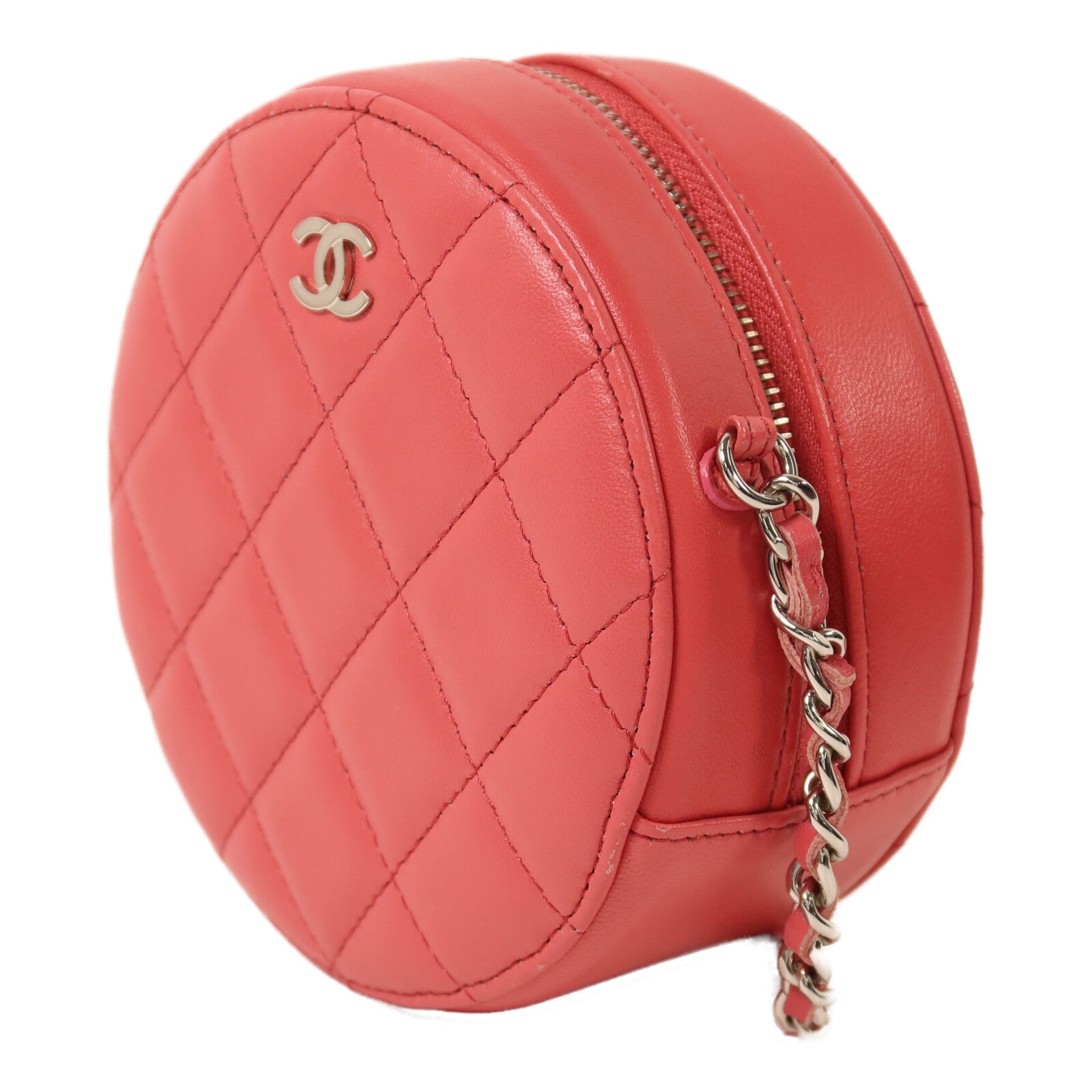 CHANEL 羊皮皮革Round Chain Shoulder Bag銀扣鏈帶肩背袋