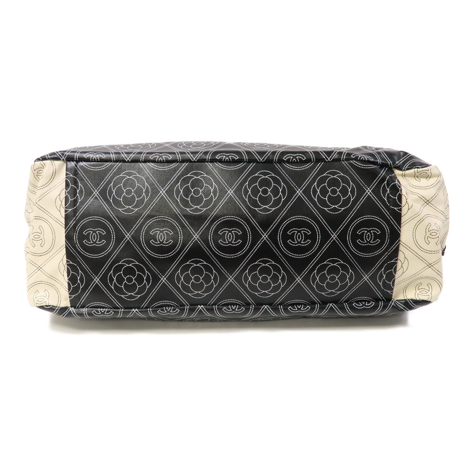 CHANEL 塗層帆布Tote Bag銀扣鏈帶手挽兩用肩背袋黑色/白色