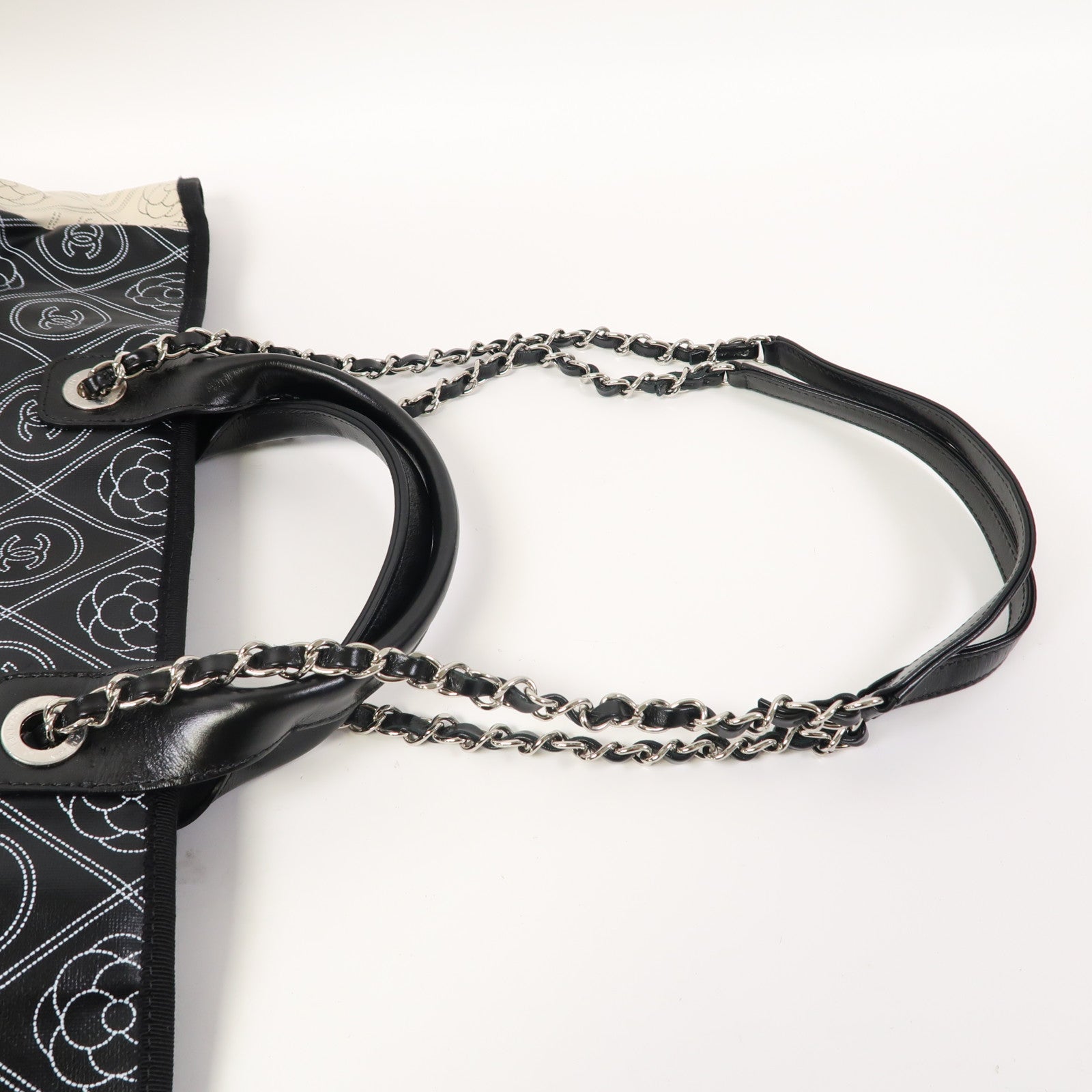 CHANEL 塗層帆布Tote Bag銀扣鏈帶手挽兩用肩背袋黑色/白色