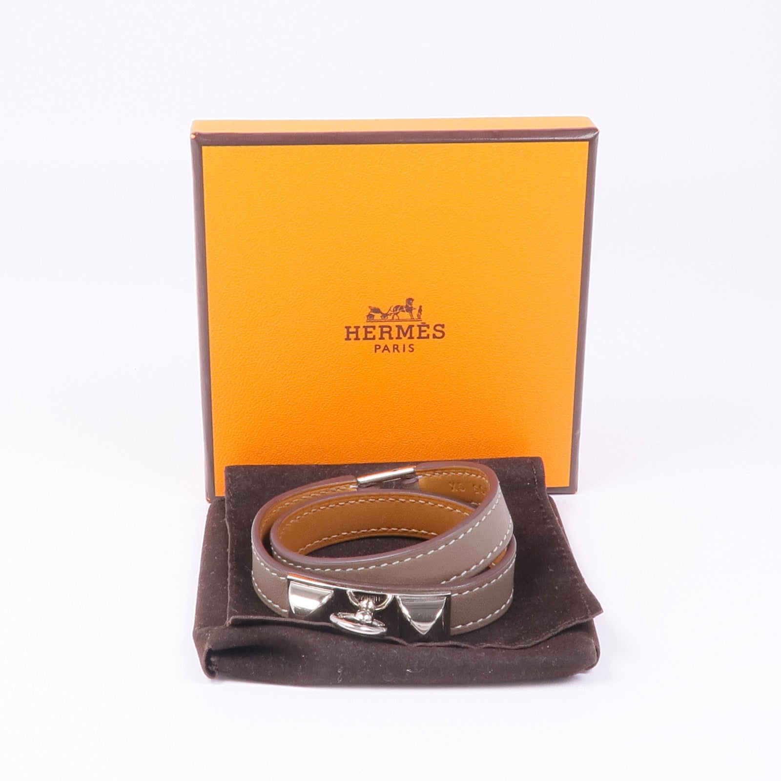 HERMES Swift皮革Rivale Double Tour銀扣手帶Etoupe