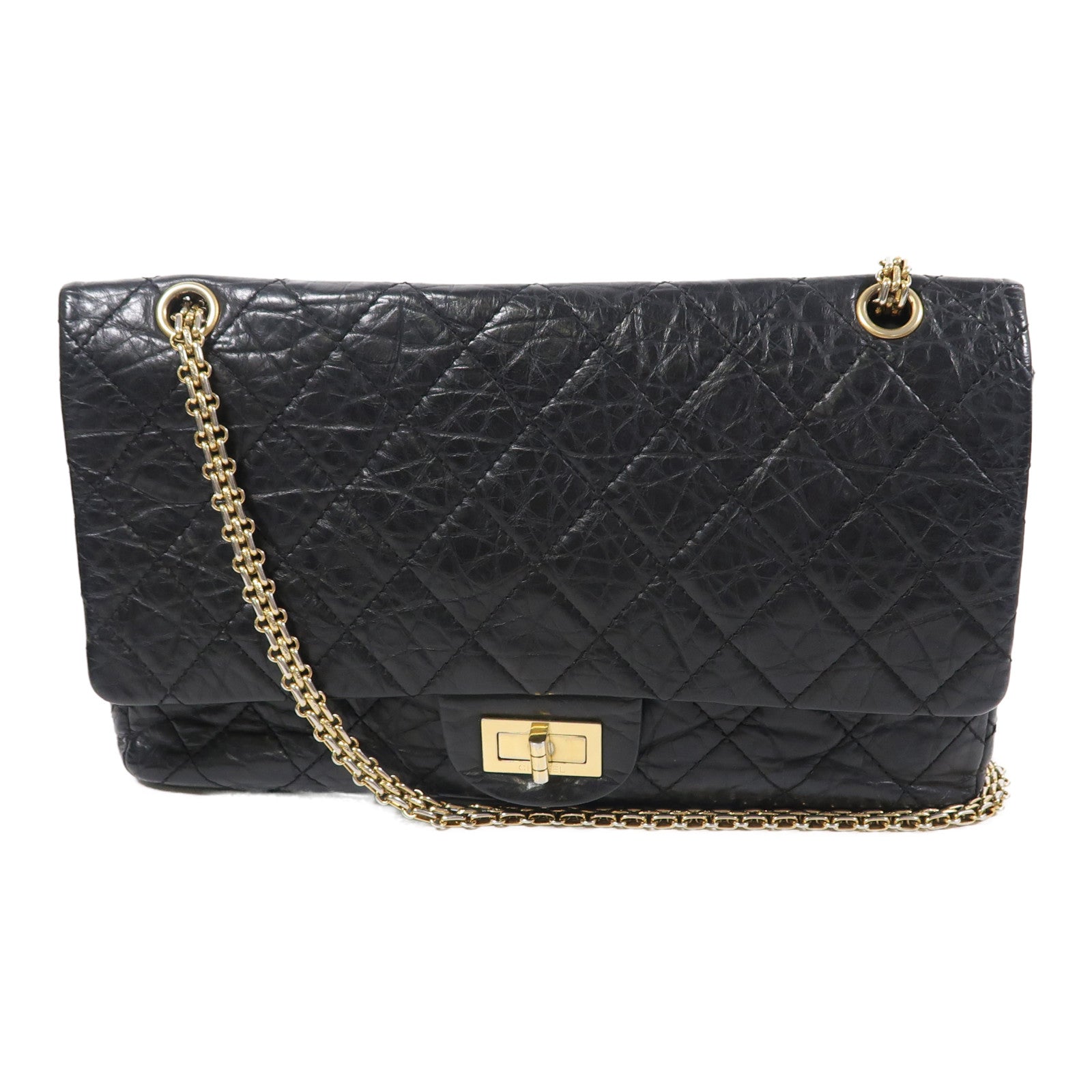 CHANEL CC GHW 2.55 Lagre Chain Shoulder Bag Calfskin Leather Black