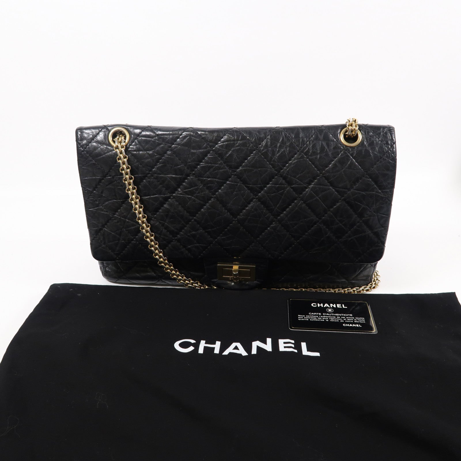 CHANEL CC GHW 2.55 Lagre Chain Shoulder Bag Calfskin Leather Black