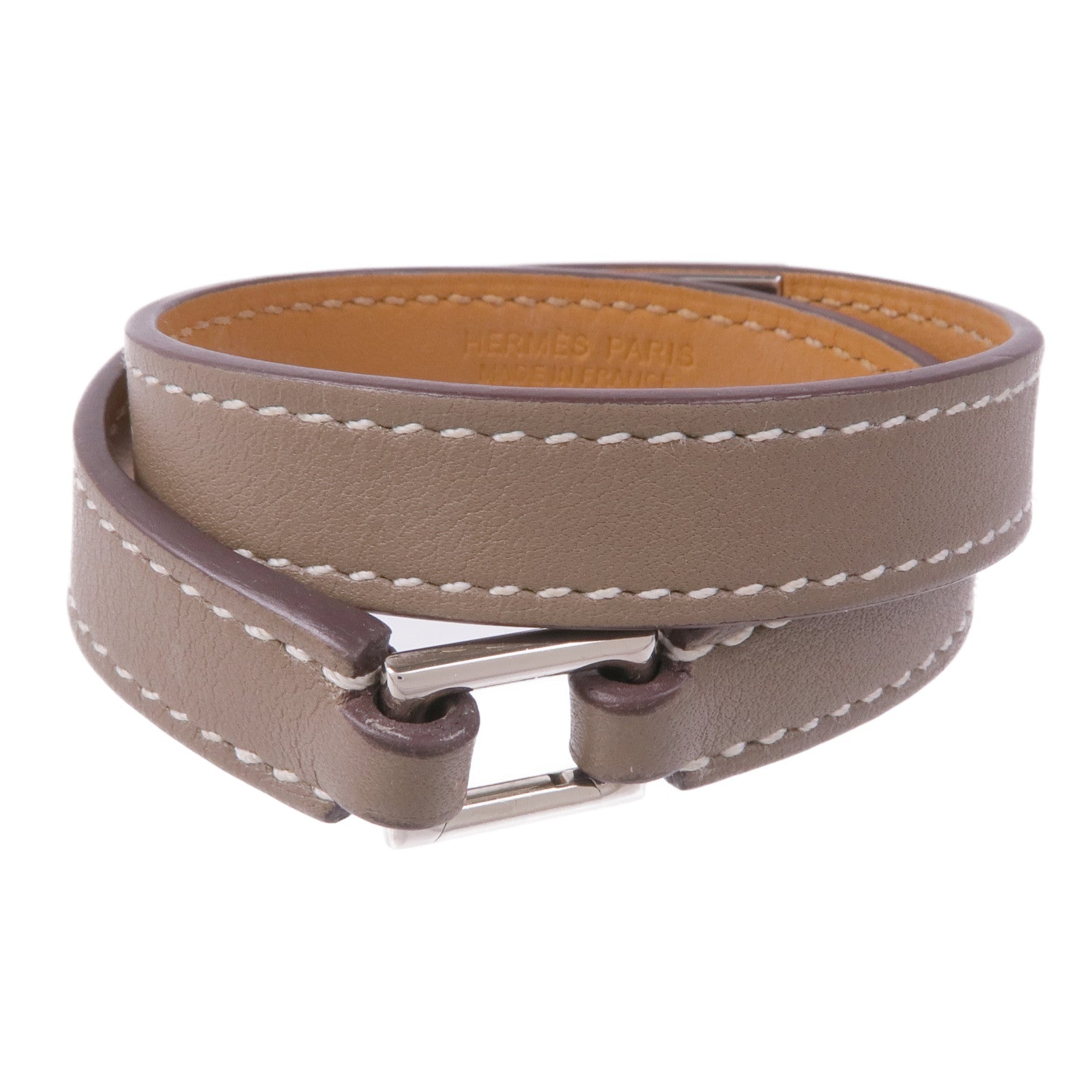 HERMES Swift皮革Rivale Double Tour銀扣手帶Etoupe