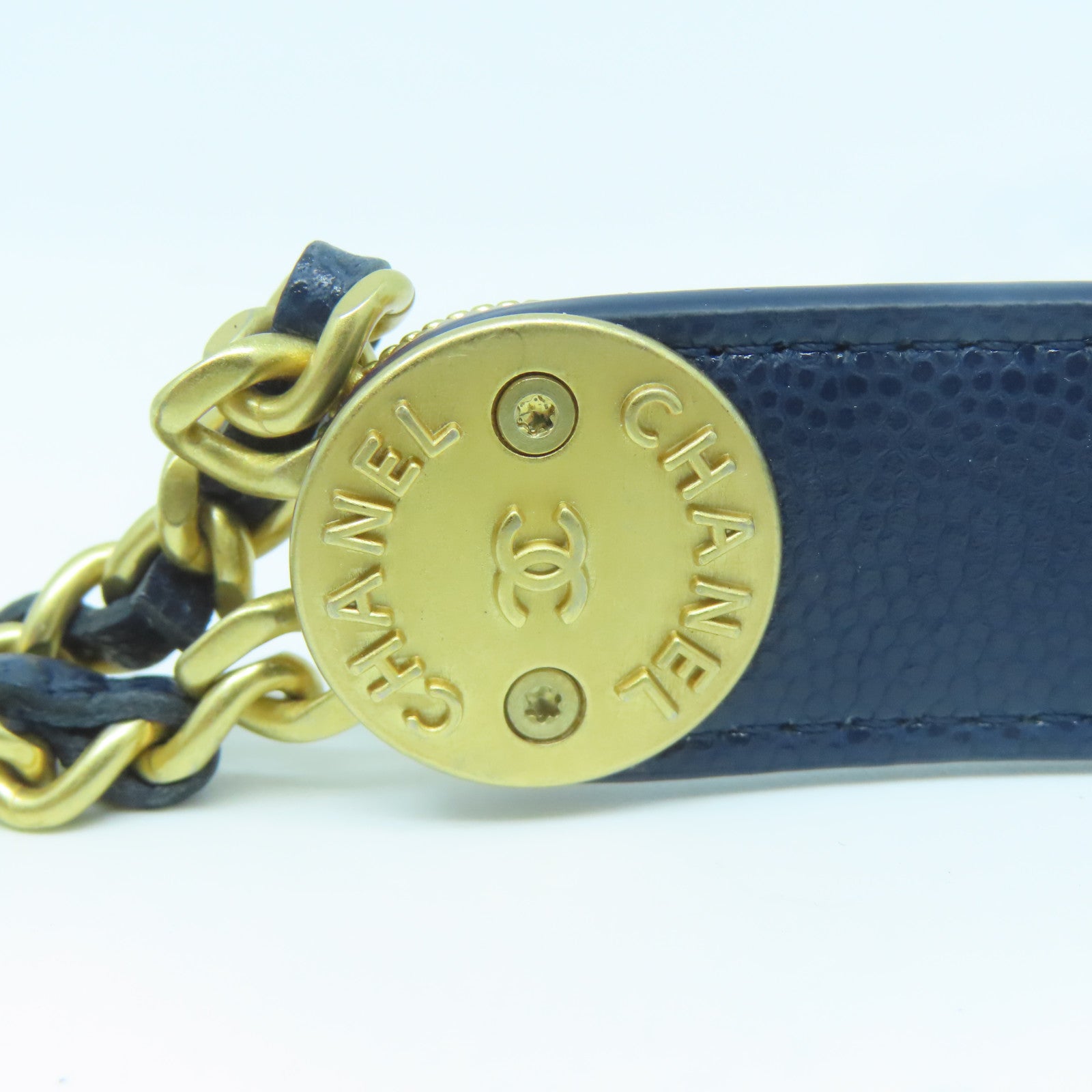 CHANEL 菱格Caviar皮革Chain Shoulder Bag金扣鏈帶肩背袋深藍色