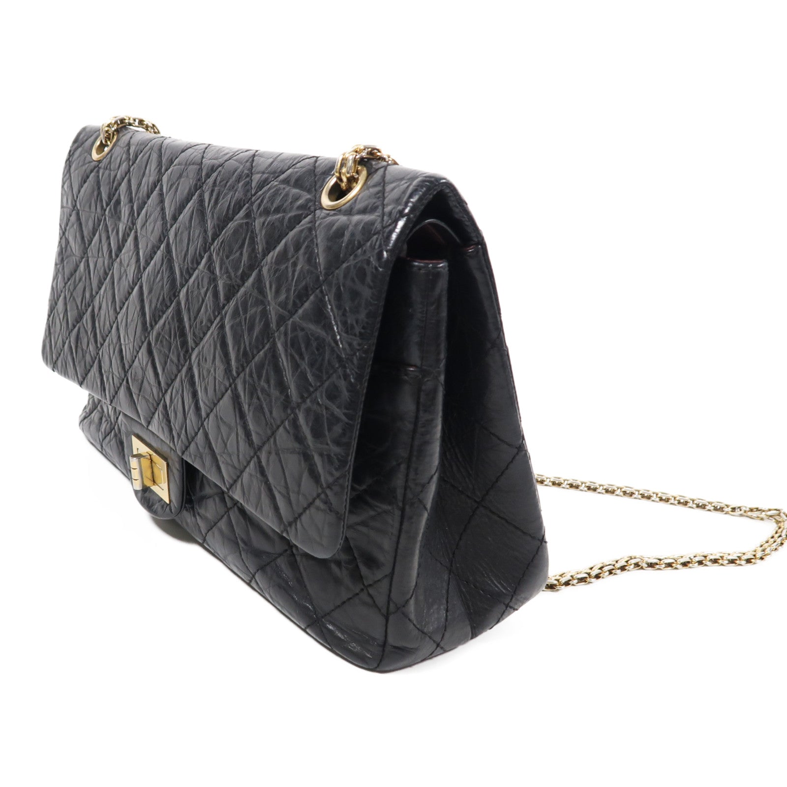 CHANEL CC GHW 2.55 Lagre Chain Shoulder Bag Calfskin Leather Black